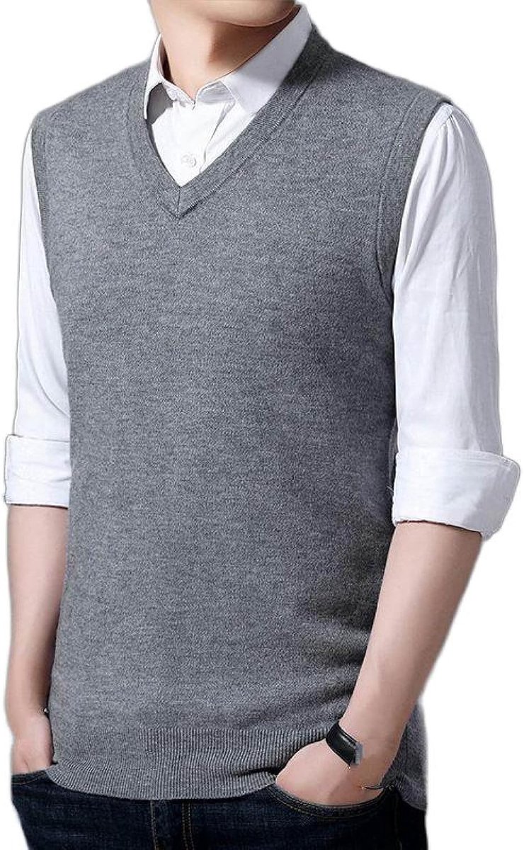 Effen Zakelijk Herenvest Met V-Hals, Herfst En Winter Mouwloze Trui Voor Heren, Gebreid Vest, Papa'Skleding Van Middelbare Leeftijd, Gentleman Knitwear Sweater Tank Tops, Lichtgrijs