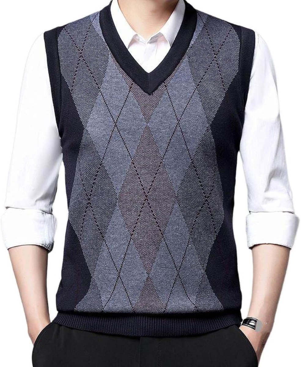 Argyle Gebreid Vest Met V-Hals, Klassiek Dikker Mouwloos Casual Pullover Trui Vest Kleurcontrast Dieptepunt Shirt, Zakelijk Heren Breigoed Gebreid Vest Trui Tanktops, Marineblauw, S