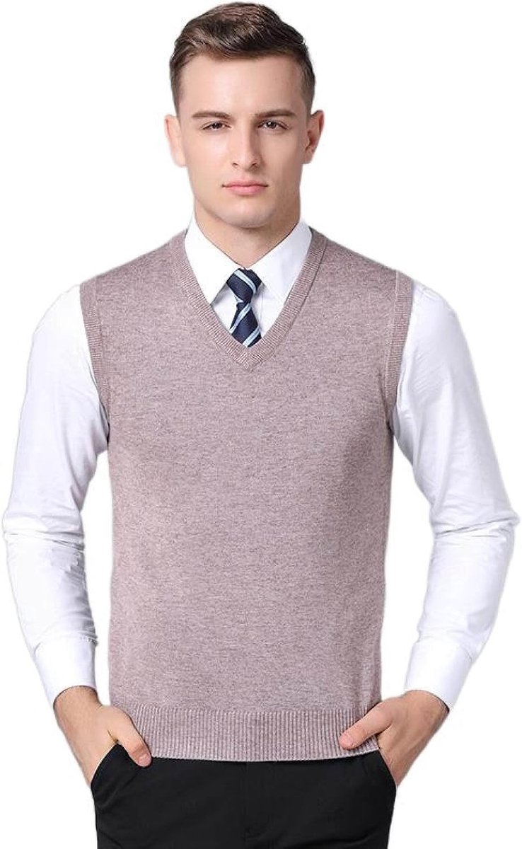 Herenvest In Effen Kleur, Klassiek Gebreid Vest Met V-Hals, Kasjmiervest Voor Heren, Pullover-Trui, Zakelijk Herengebreid Gebreid Vest, Trui-Tanktops, Licht Camel, S
