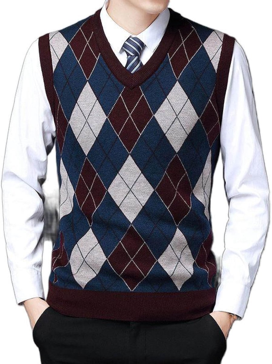 Argyle V-Hals Gebreid Vest, Klassiek Mouwloos Casual Geruite Print Pullover Trui Vest Kleurcontrast Dieptepunt Shirt, Business Gentleman Knitwear Gebreide Trui Tanktops,Rood,S
