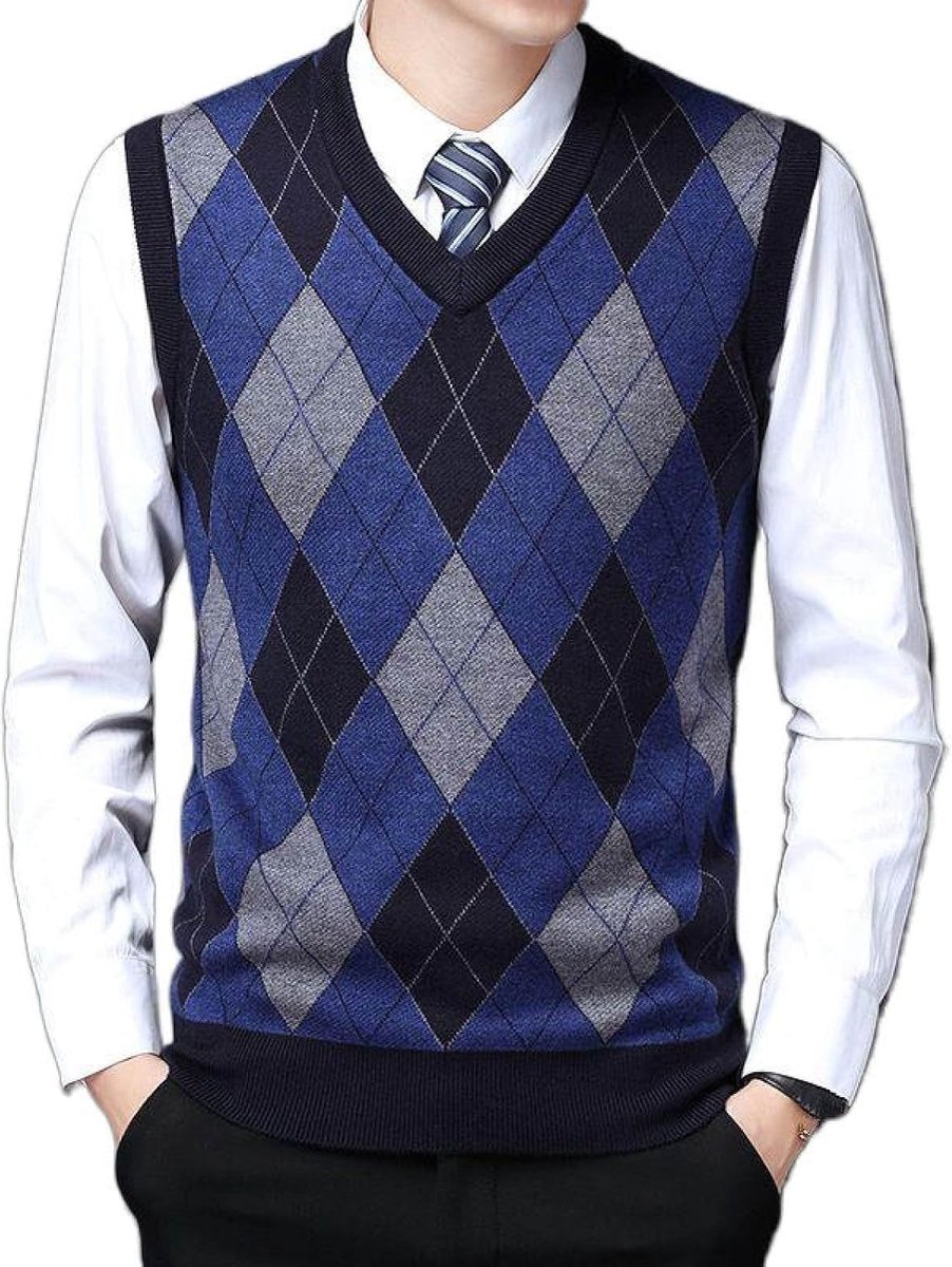 Argyle V-Hals Gebreid Vest, Klassiek Mouwloos Casual Geruite Print Pullover Trui Vest Kleurcontrast Dieptepunt Shirt, Zakelijk Heren Breigoed Gebreide Trui Tanktops, Marineblauw, S