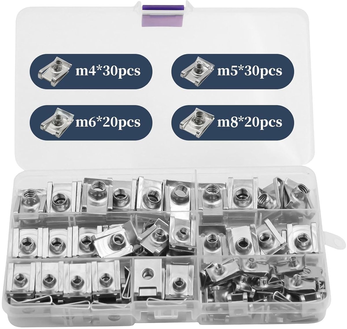 100 stuks plaatmoeren, M4, M5, M6, M8 assortimentset, roestvrijstalen schroefdraad, clipmoerset, U-type plaatmoeren, klikmoeren, set met opbergdoos, moer-clipkit
