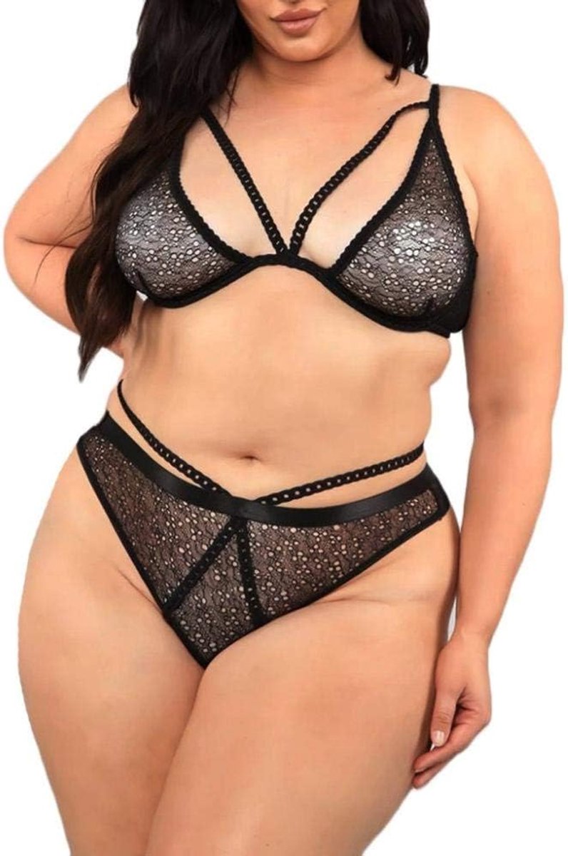Lingerie Dameslingerie Plus Size Vrouwen Kant Sexy Lingerie Ondergoed Holle Beha String Erotische Kleding Sex Ondergoed Set-Black_M