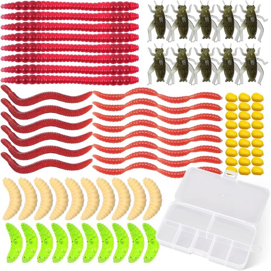 Zacht kunstaas, visaccessoires, met opbergdoos, forelaas met broodworm, realistische en natuurlijke look, wormen, visaas, forel aas — afbeelding 5