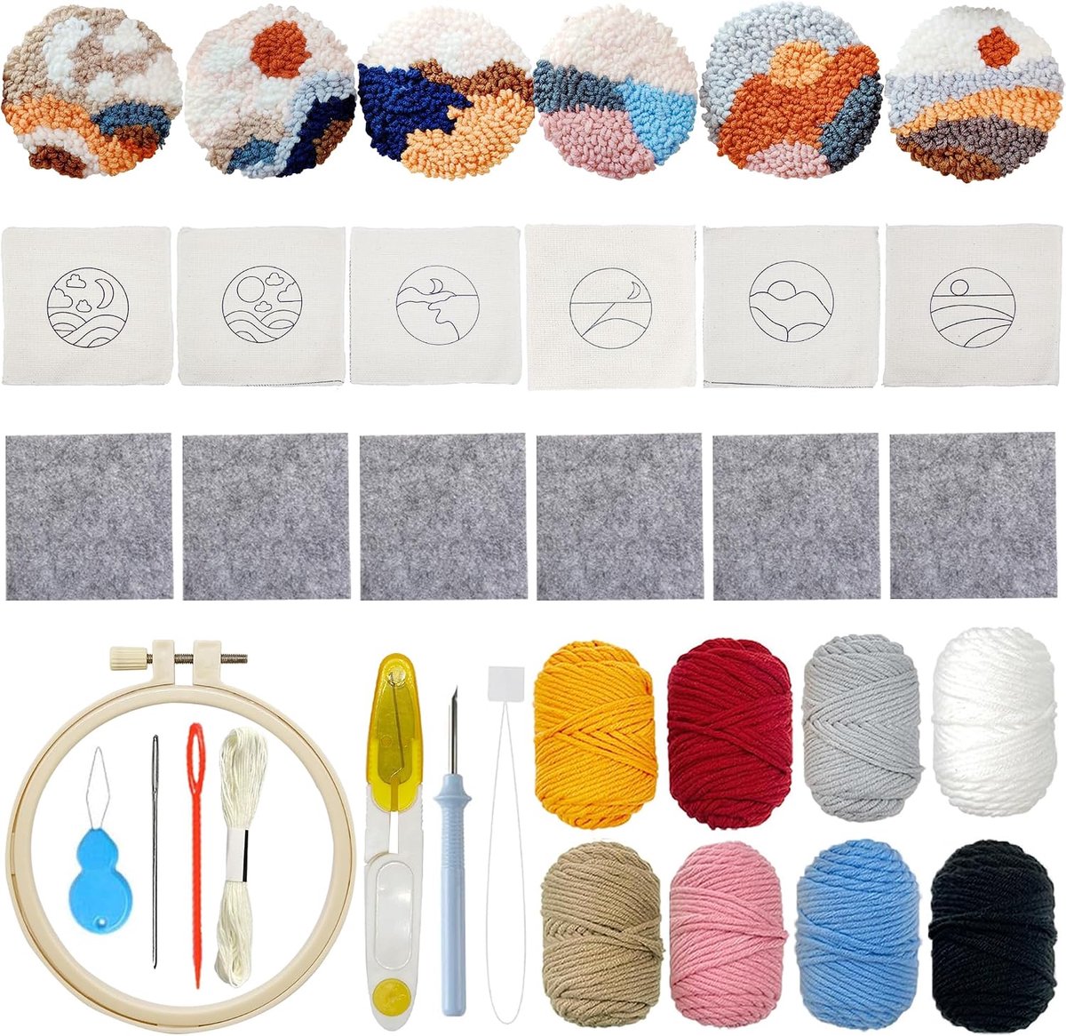 6 stuks Needle Onderzetters Kit DIY Needle Punch Handwerk Borduurset Fils Draad Borduur Onderzetters Kunst en Handwerk Naald Onderzetter met Handleiding voor Beginners Eenvoudig