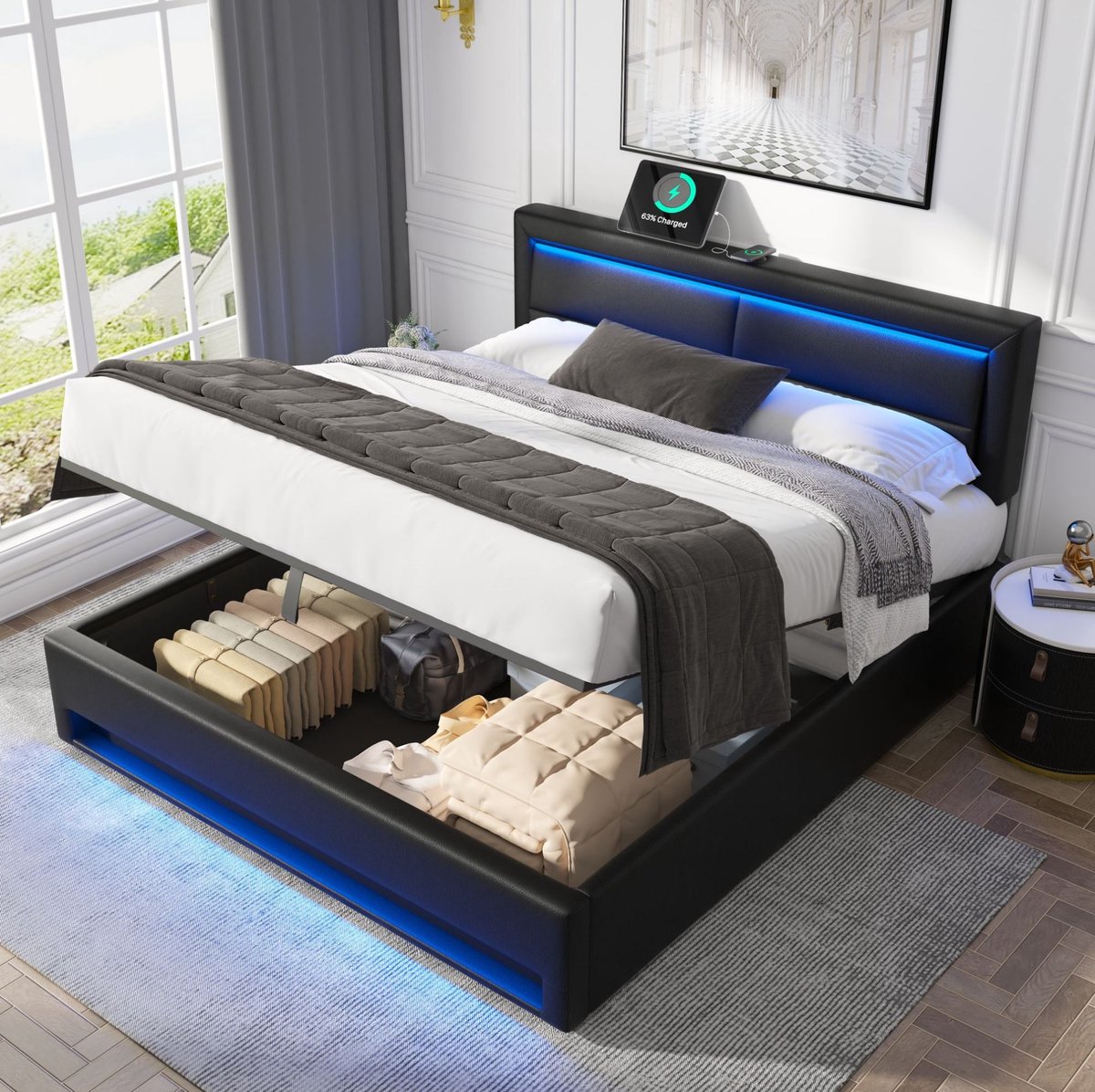 WUVRIE Tweepersoons bedframe 140x190 cm met opbergruimte, USB, draadloos laden en LED, zwart