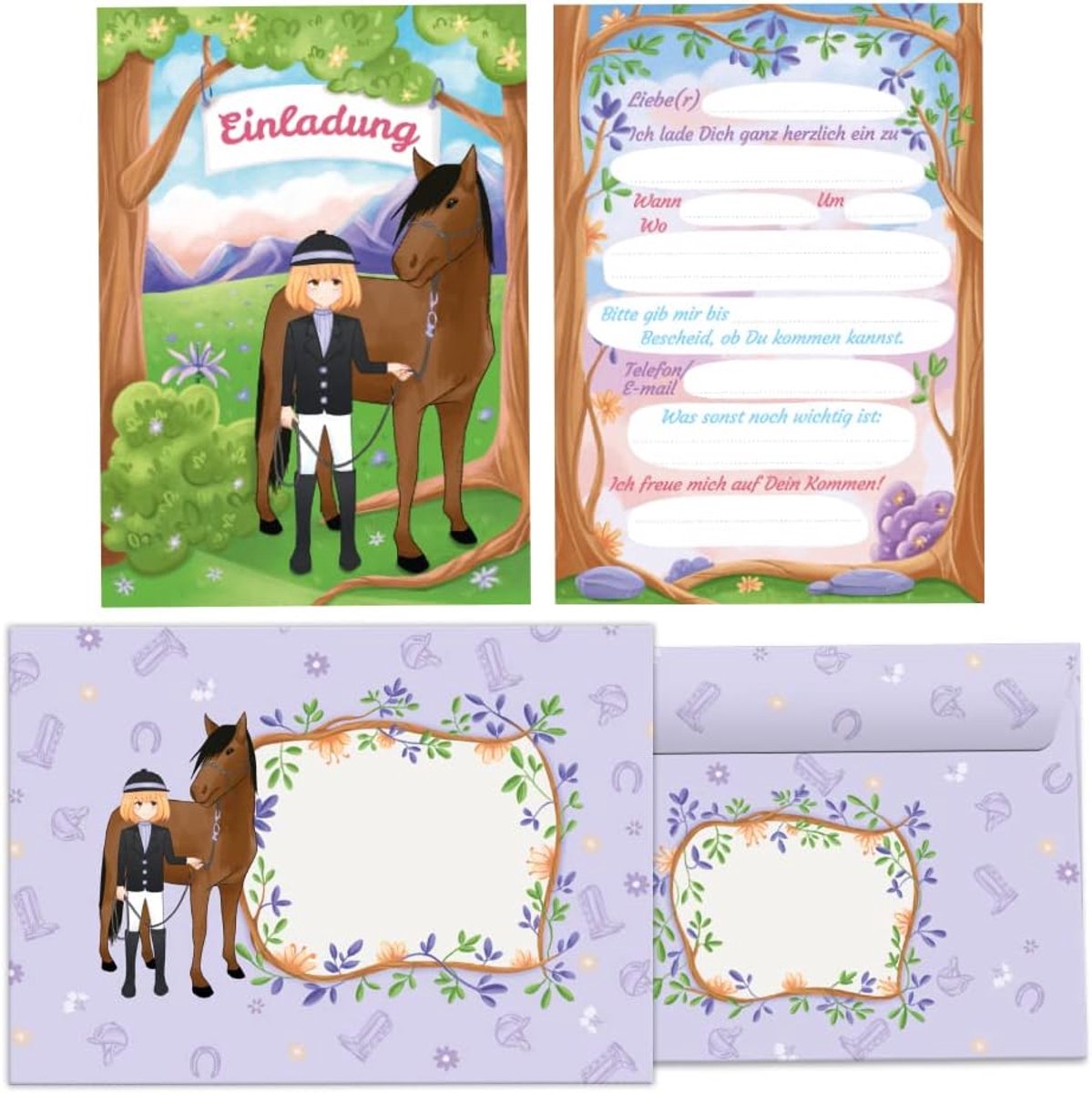 uitnodigingskaarten meisje met paard - 12 stuks - inclusief 12 enveloppen - voor kinderfeestje - ShopVlot