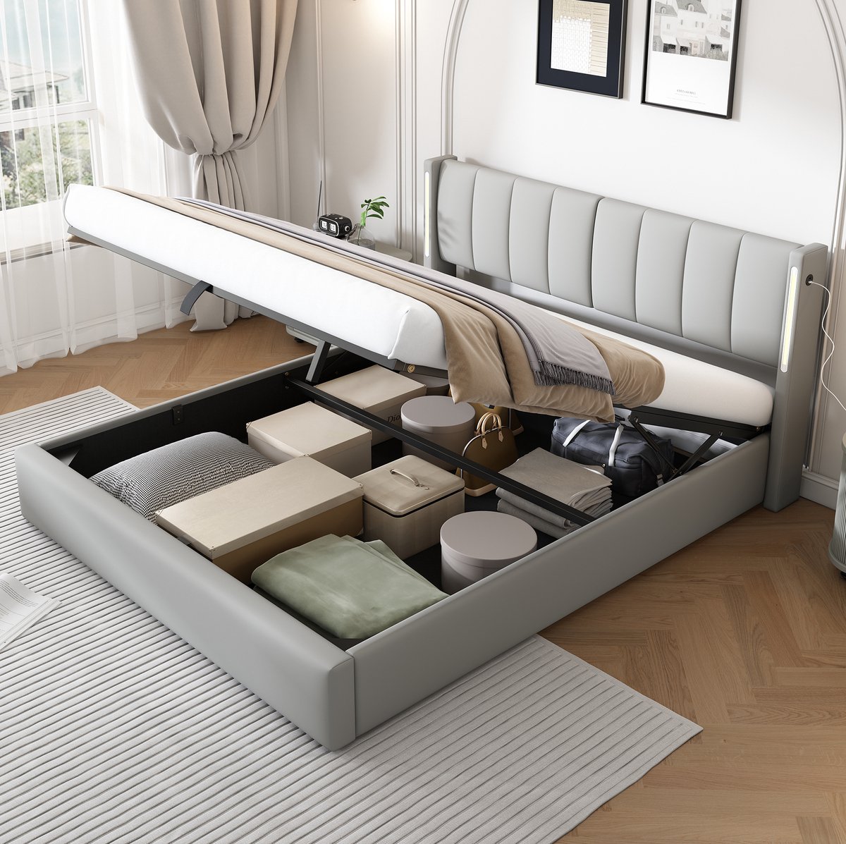 WUVRIE Opbergbed 180x200 cm met hydraulische opening, LED, USB en verstelbaar hoofdeinde, grijs