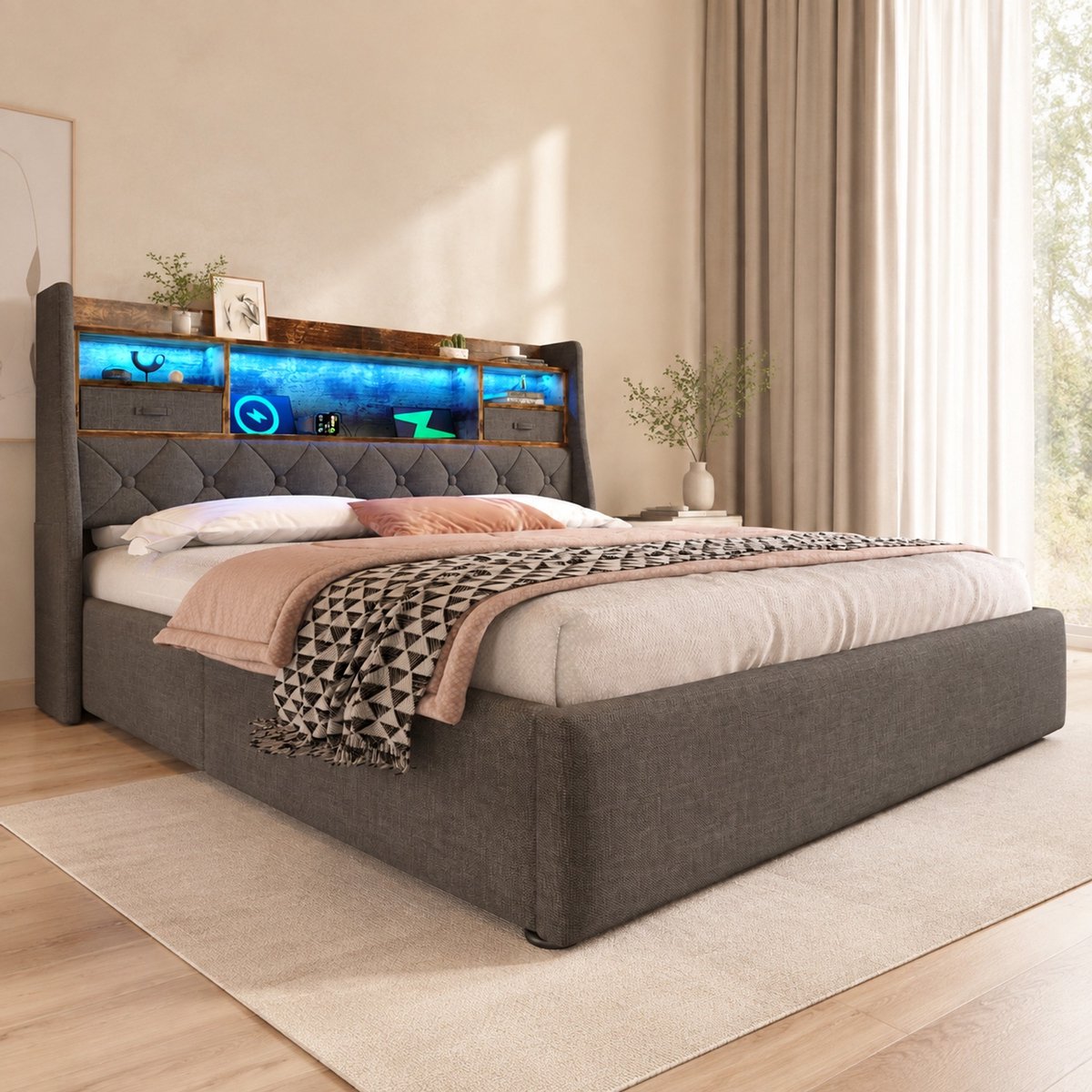 WUVRIE Gestoffeerd opbergbed 180x200 cm met hydraulische opbergruimte, LED, USB en Type-C, grijs