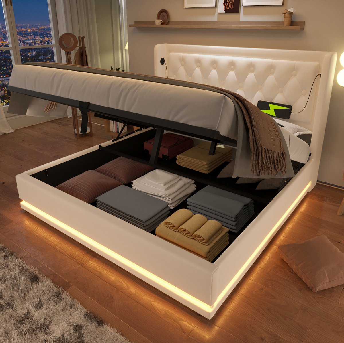 WUVRIE Opbergbed 140x200 cm met hydraulische lift, LED, USB-C en gestoffeerd hoofdbord, wit