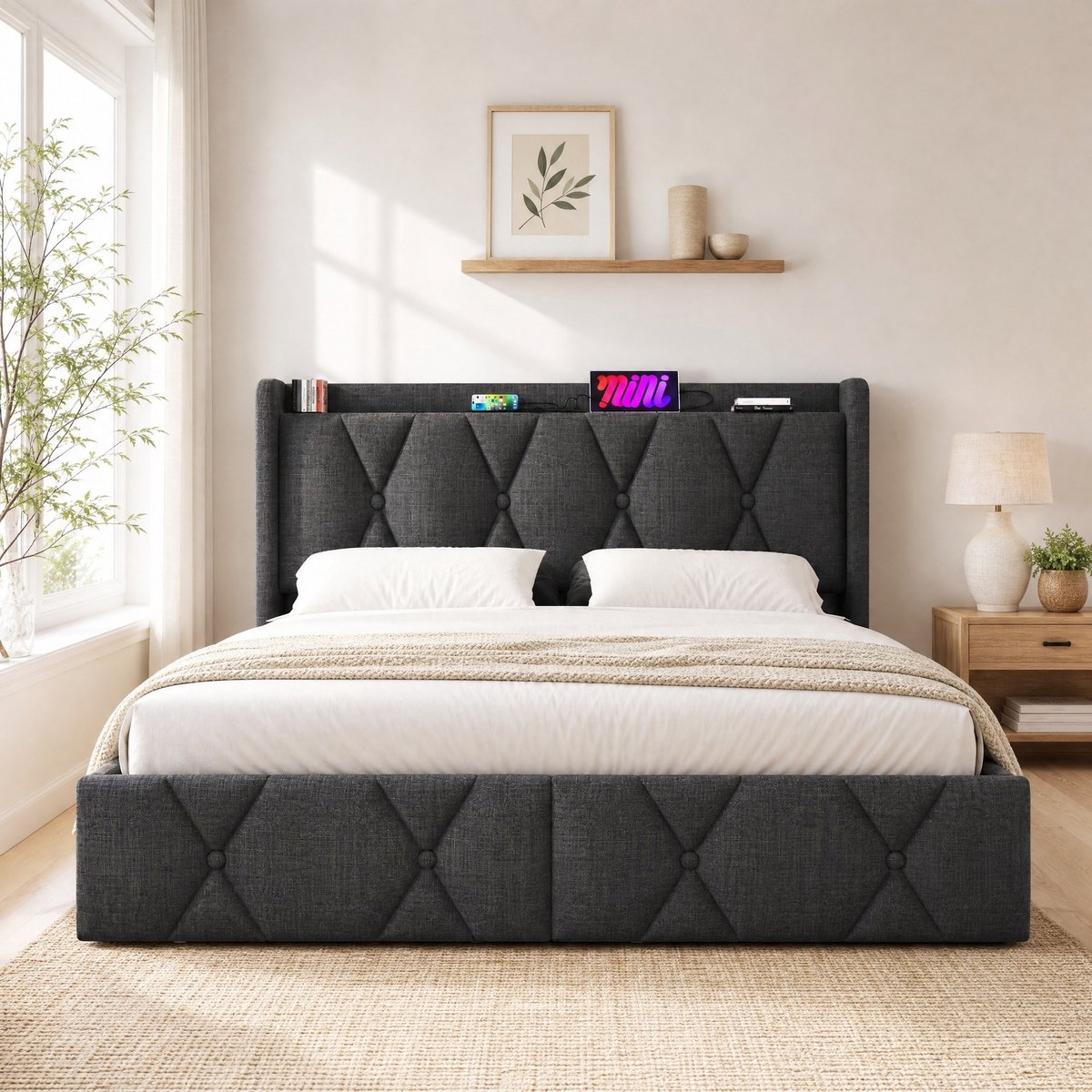 WUVRIE Tweepersoonsbed 160x200 cm met 4 lades, USB en stopcontacten, stoffen bedframe grijs