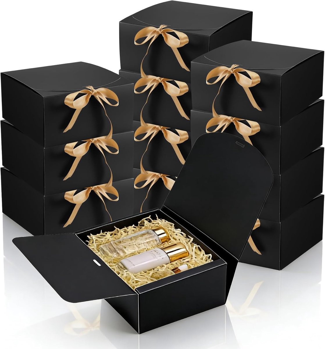SnelShoppen - 12 Grote Cadeaudozen met Deksel en Strik - Zwart Kraftpapier Geschenkdozen 20x20x10 cm - Voor Bruiloft, Verjaardag, Kerstmis en Feesten