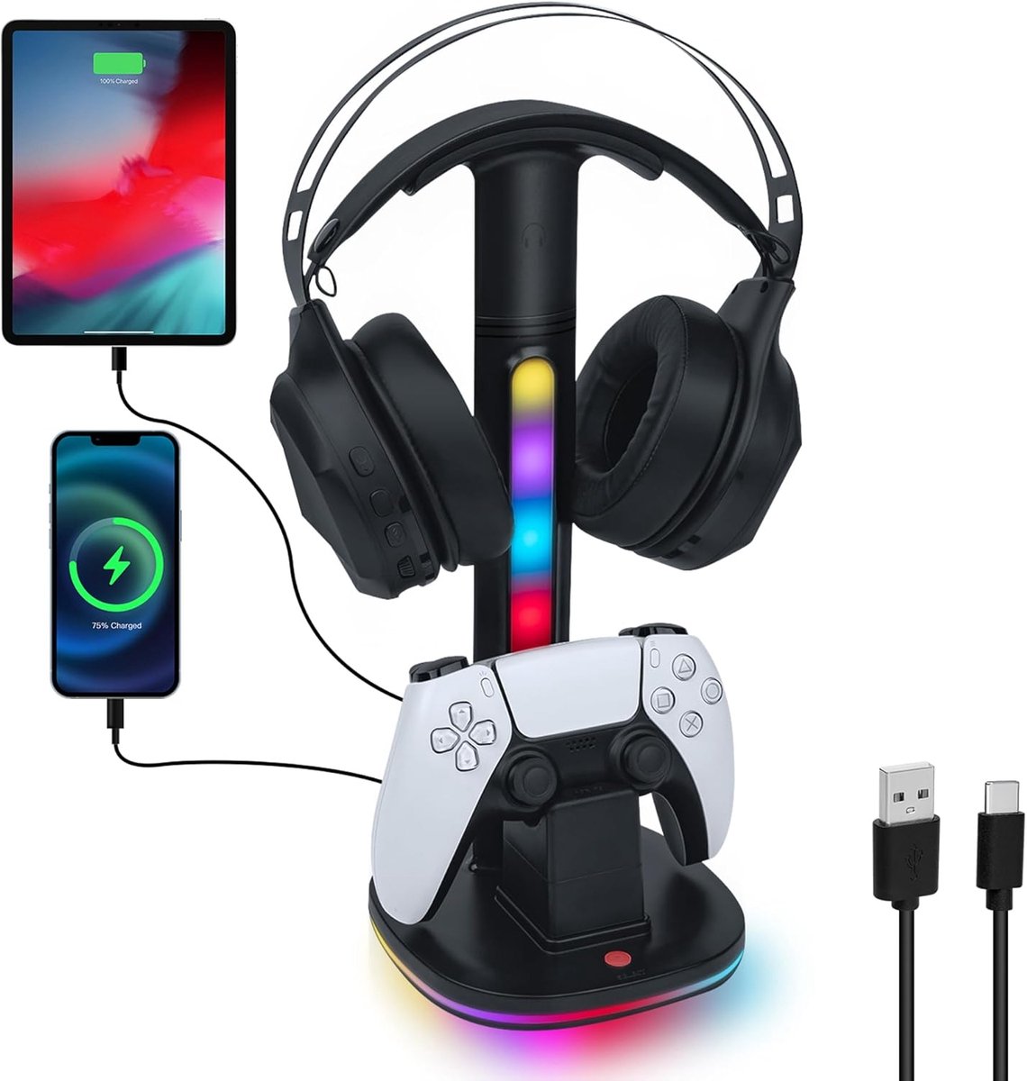 SnelShoppen - Oplaadstation Headset Stand voor PS5 Controller, RGB Houder voor DualSense PS5 & Edge Controller, met 2 USB Poorten, Zwart