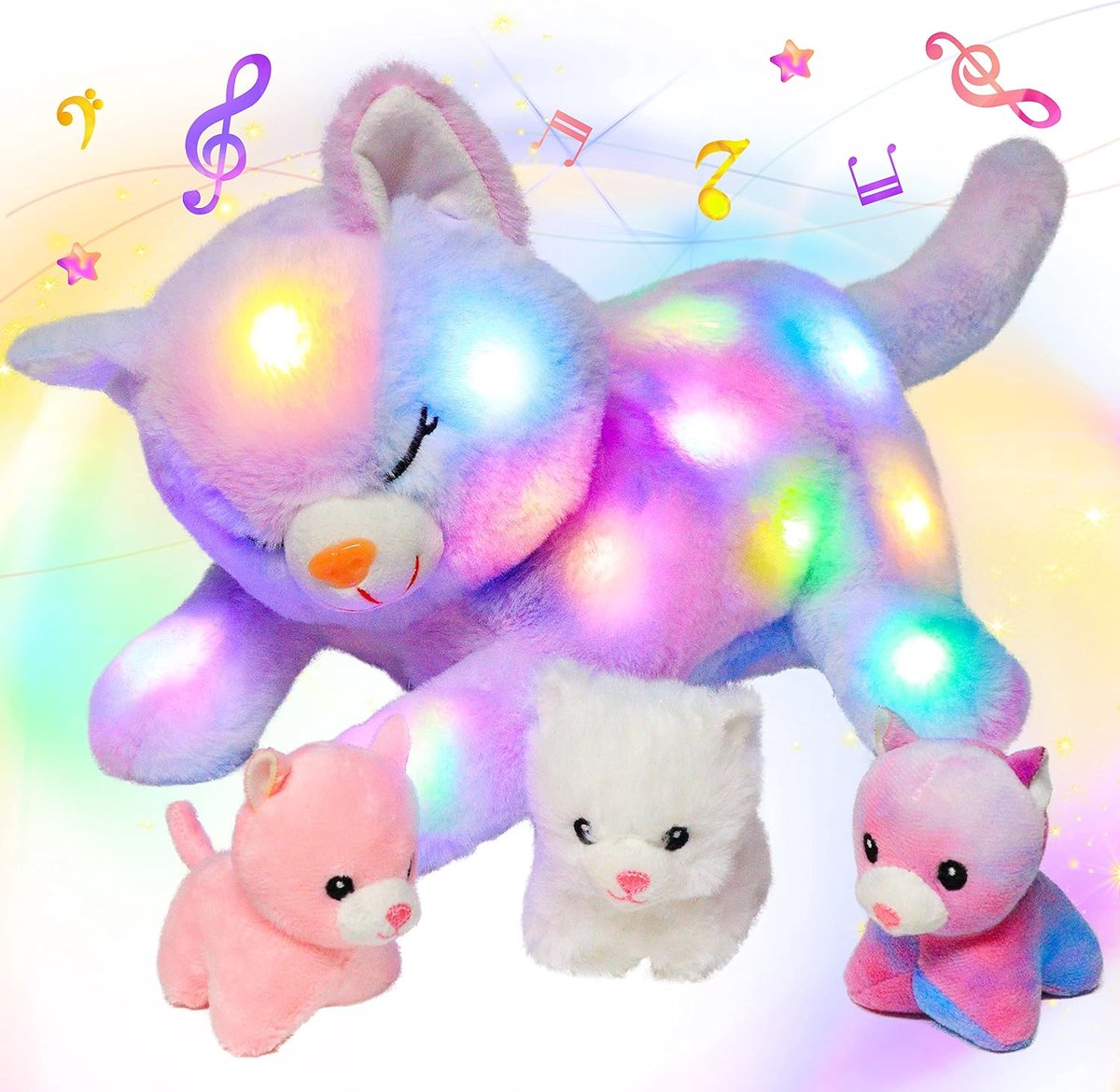 LED Muzikale Knuffelkat Die Oplicht En Zingt, Pluche Speelgoedset, Mama Kat Met 3 Babykatjes In Haar Buik, Slaapliedje, Geanimeerd,Rustgevend Voor Mama Kinderen Peuters Meisjes, Regenboog,45cm