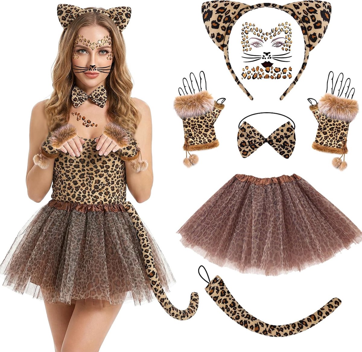 Luipaardkostuum voor dames, dierenkostuum voor dames, carnaval, luipaardoren, met accessoires, haarband en stickers, tutu-rok, voor carnaval, kostuum, party, Halloween
