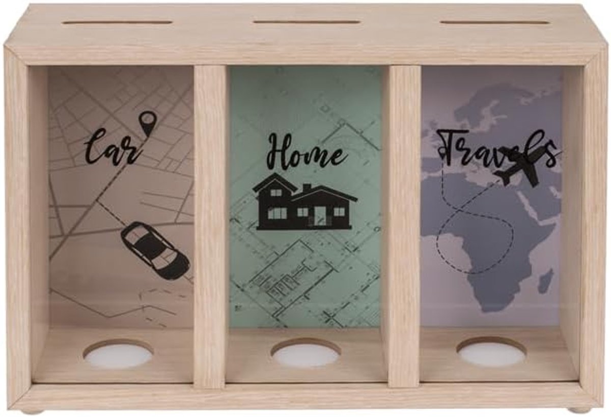 Spaarpot, 3 vakken, spaarpot voor munten, grappig design, Car House Travel (24 x 16 x 8 cm)