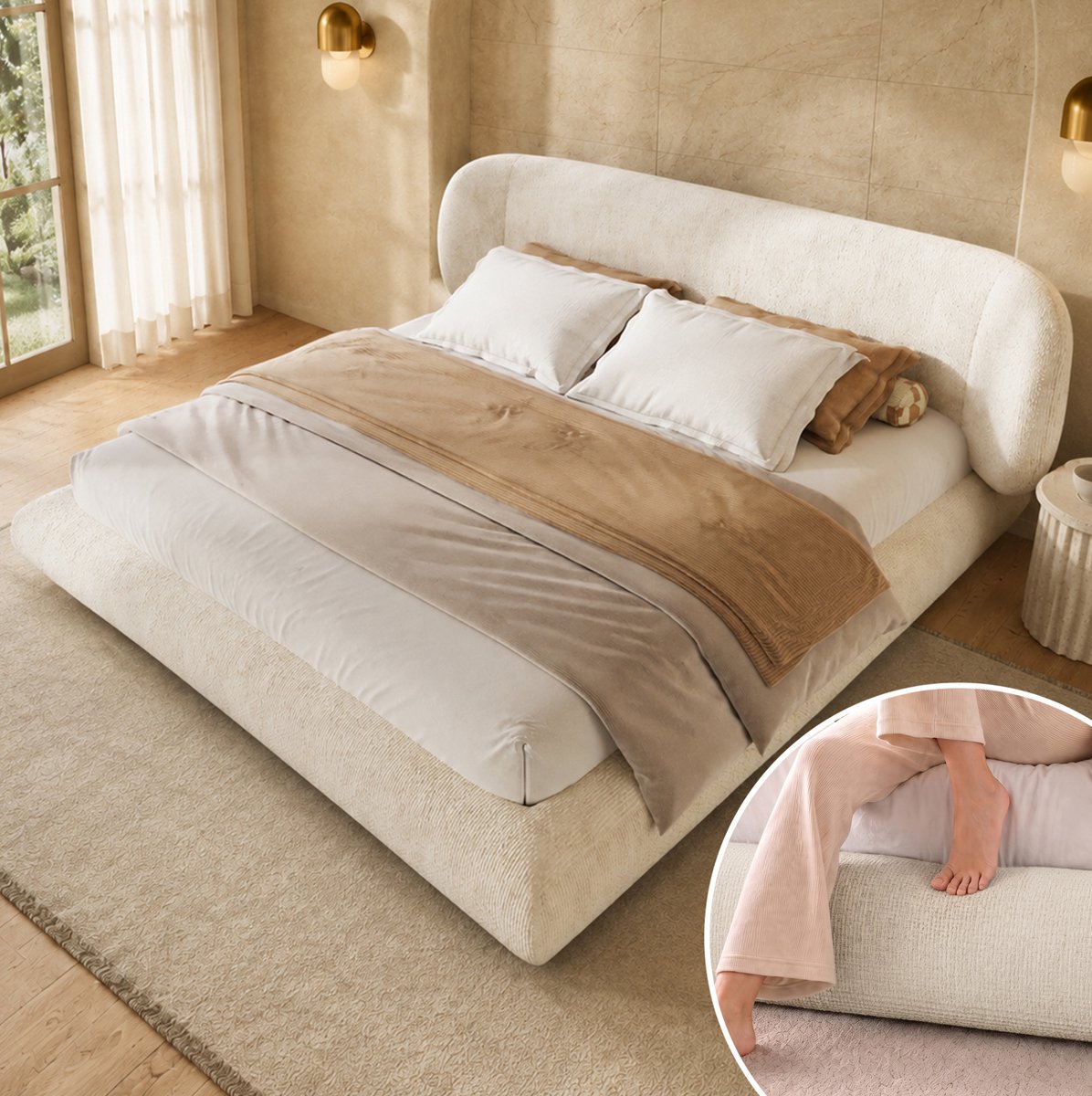 MODENUIT Gestoffeerd Bed – 140 x 200 cm – Chenille, Hout en Metaal – Beige – Met Lattenbodem en Hoofdbord