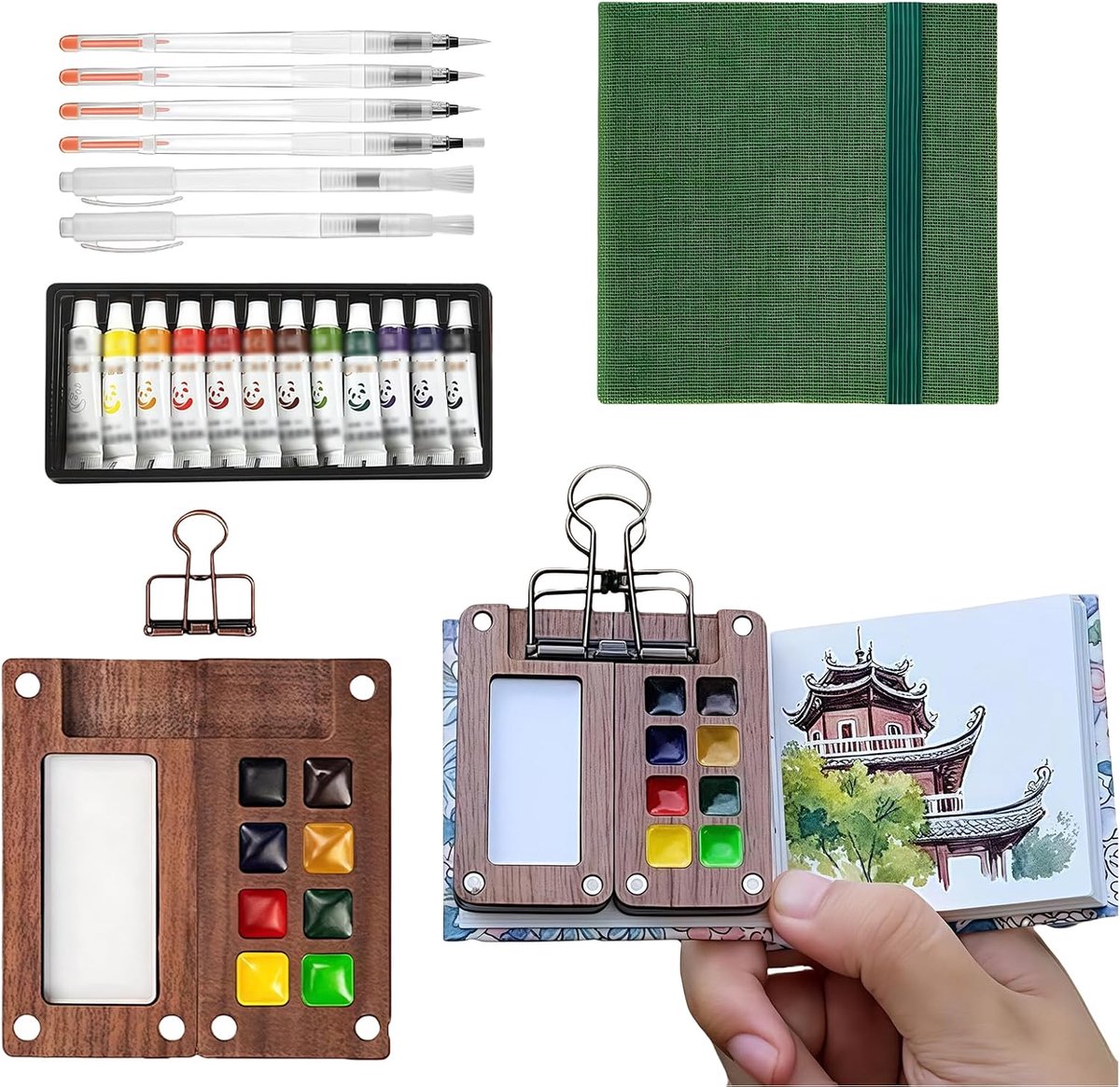 Verf voor op reis, mini-aquarelset met lege kommen, aquarelpalet voor op reis