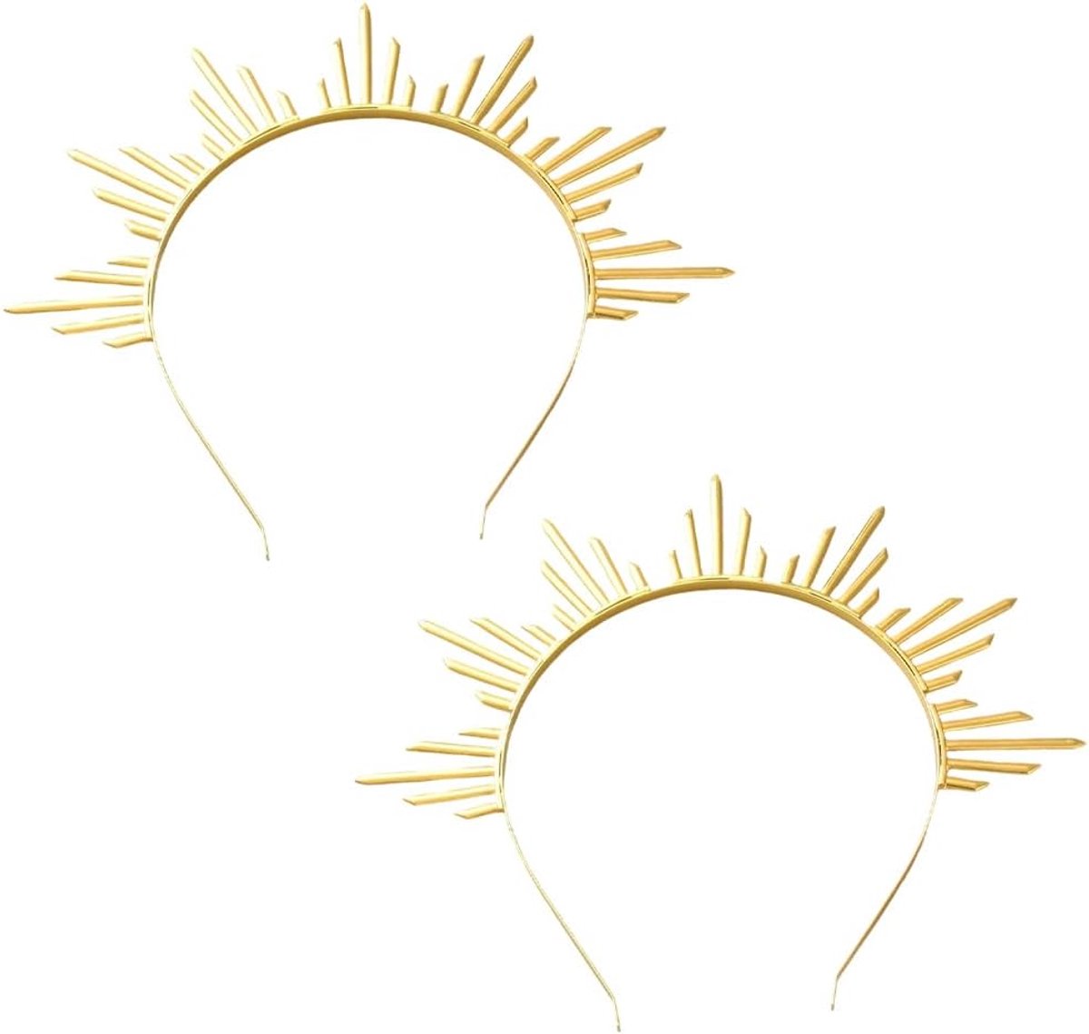 2Pcs Gold Sun Goddess Halo Crown Renfaire Sunburst Zip Tie Spikes Angel Celestial Headband Cosplay Costume Renaissance Headpiece Hair Bands for Women Halloween Wedding Party Hair Accessories