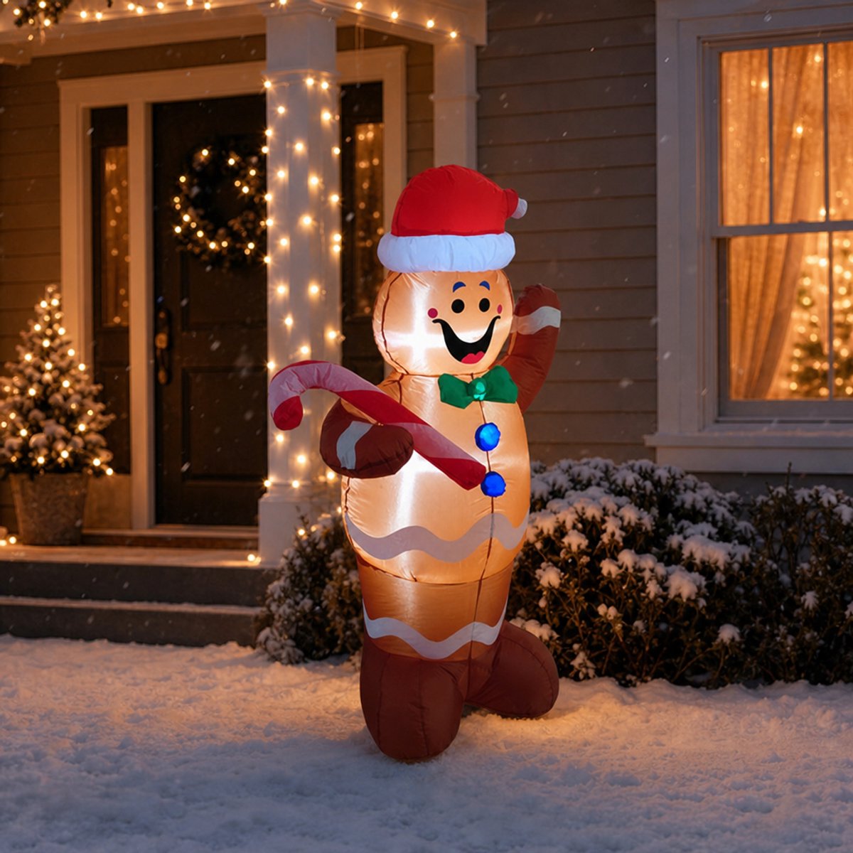 Opblaasbare kerstbeer met zuurstok - 150 cm hoog - met witte LED-verlichting - kerstdecoratie voor tuin & buiten - incl. grondpennen