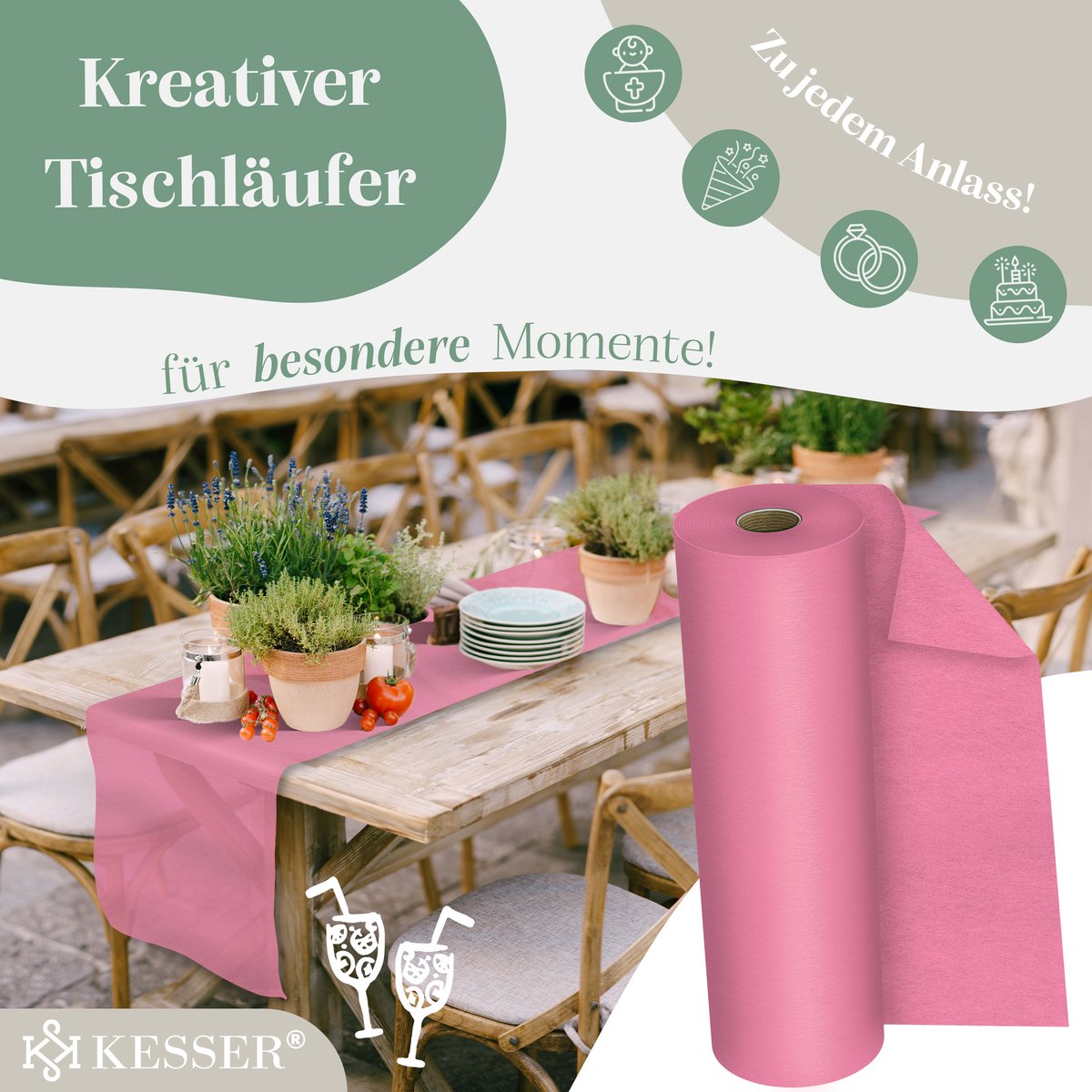 KESSER® Vlies Tafelloper Modern - 30 cm x 25 m - afwasbaar en waterafstotend - tafeldecoratie - Roze