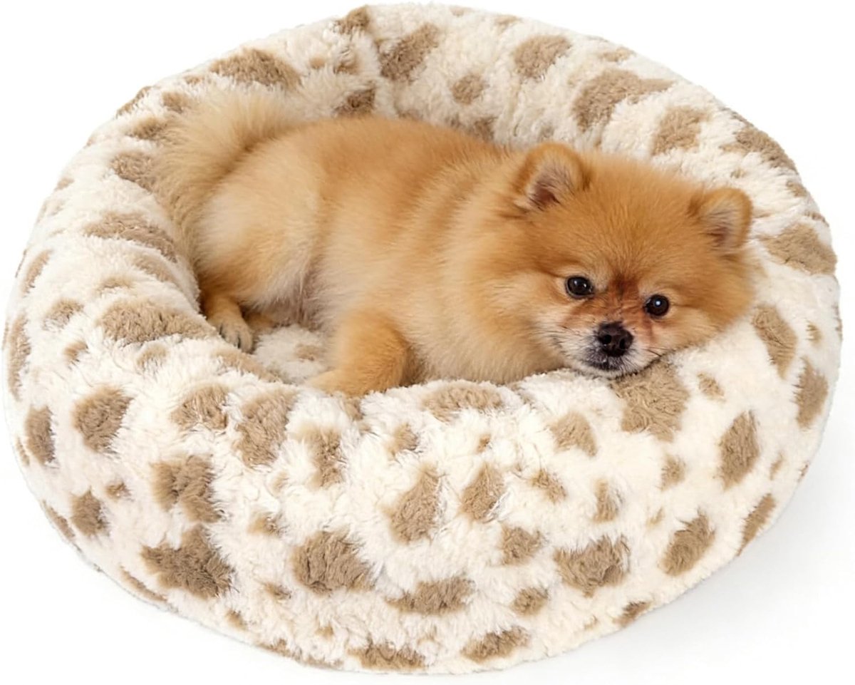 Donut-Calming Hondenbed voor honden en katten, cirkelvormig angstverlichtend bed voor kleine en middelgrote puppy's, met afneembare hoes, gezellig en wasbaar, crème (XS)