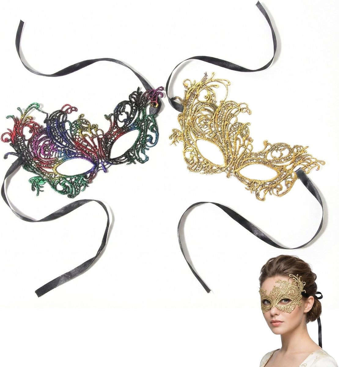 SnelShoppen - 2 Stuks Venetiaans Kantmasker voor Dames, Sexy Oogmasker voor Vrouwen, Perfect voor Halloween, Kerstmis, Carnaval en Kostuumfeesten