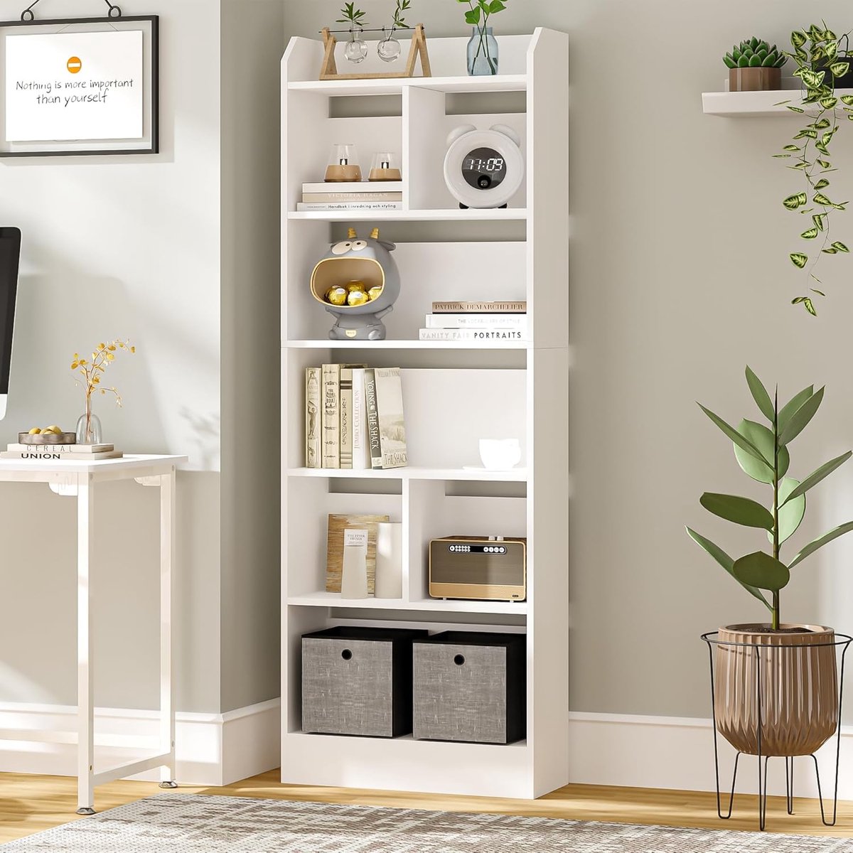 Boekenkast en Boekenplank met 6 Lagen, Vrijstaande Display Organizer met 8 Verdeelde Secties, voor Thuiskantoor, Woonkamer en Slaapkamer, 24 x 60 x 170 cm, Wit, BC11103X