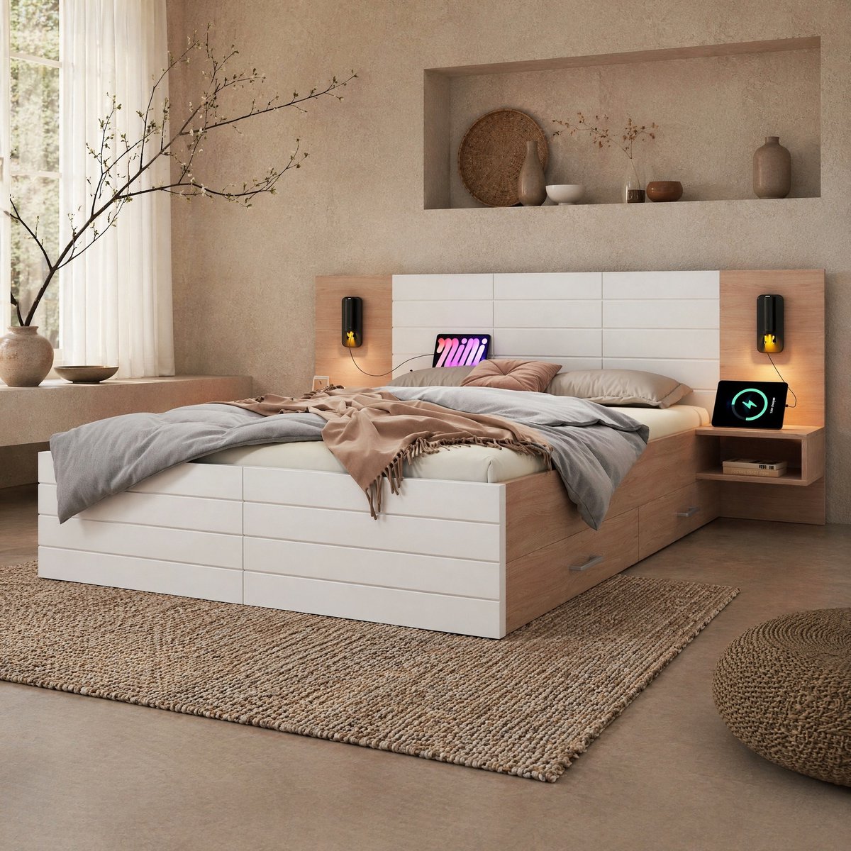 WUVRIE Tweepersoonsbed 140x200 cm met 2 lades, nachtkastjes, leeslampen en USB, wit/licht eiken