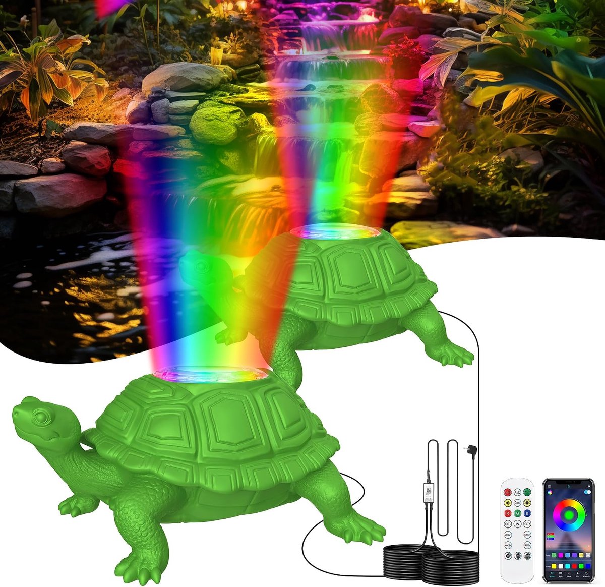Vijververlichting, led, onderwater met app-controle, IP68 waterdicht, vijverlampen, onderwater met 12 V transformator en timer, 6 W, vijververlichting voor waterval, fontein, waterspel, set 2
