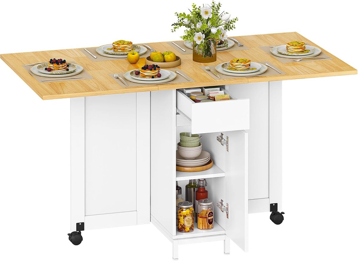 Opklapbare Eettafel, Opklapbaar Paneel met Wielen, Multifunctionele Opklapbare Tafel, Voorzien Van Lades, Kastjes en Twee Open Schappen, Wit Eiken, KT14028W