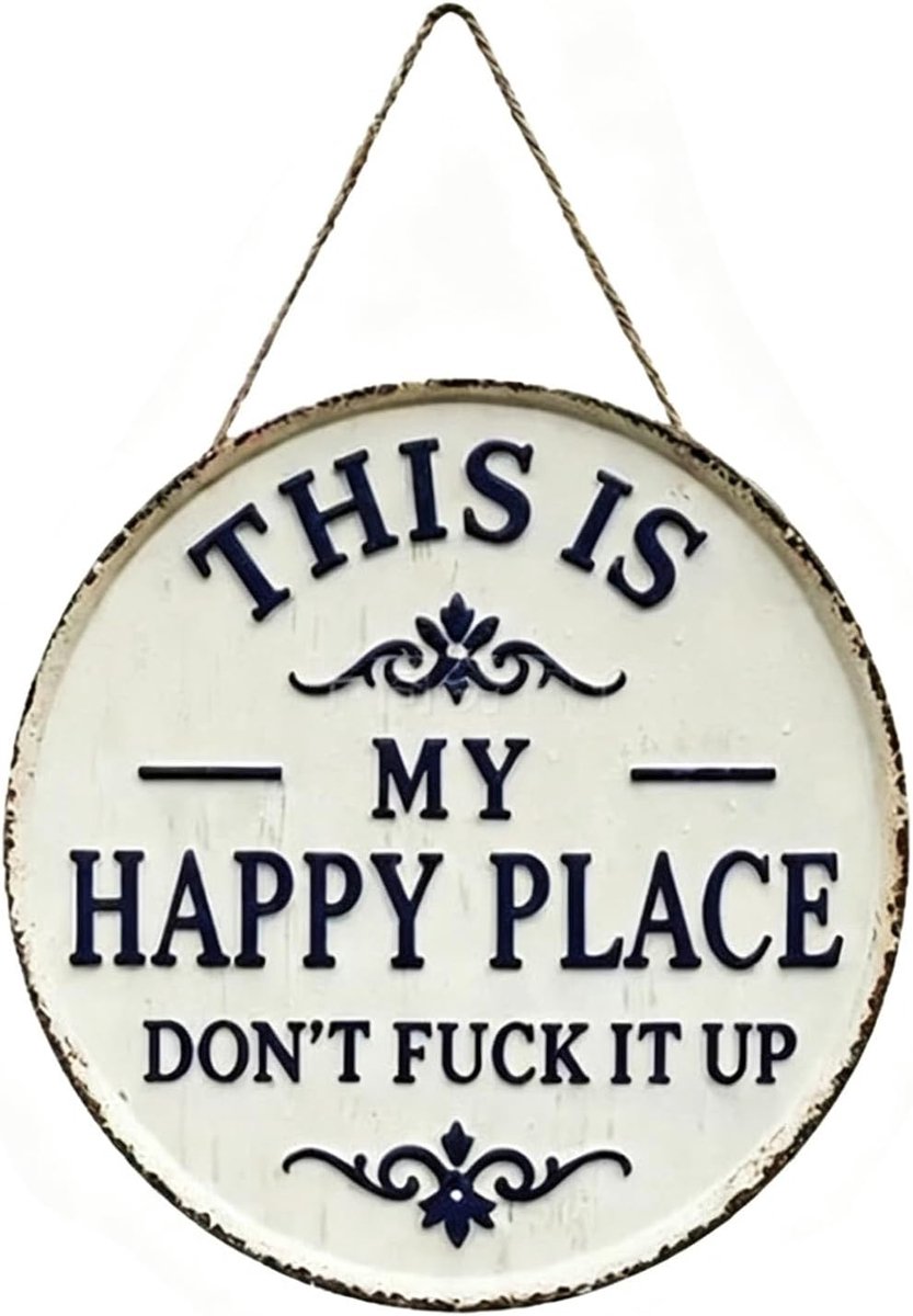 Decoratief metalen bord voor de tuin, favoriete plek, tuinborden, tinnen borden, spreuken This Is My Happy Place, voor thuis, tuin, bar of café, als wanddecoratie (diameter 20 cm)