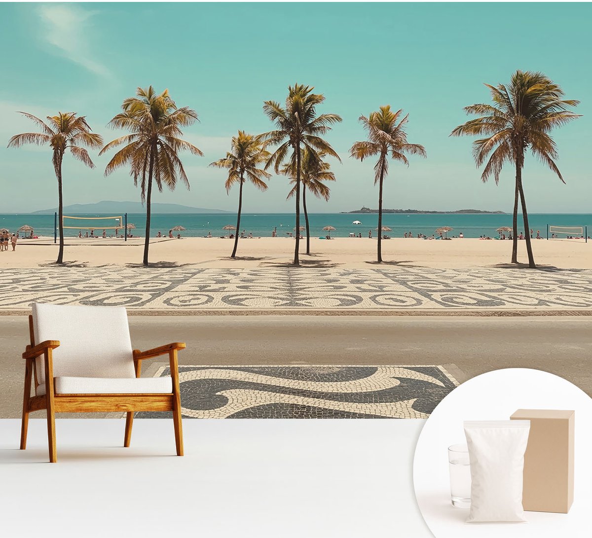 Wallfluent Fotobehang - Turkoois Vliesbehang - 312x219 cm - Palmbomenstrand Fotobehang Vlies - Hal behang Landschappen - Muurschildering - Hal behang