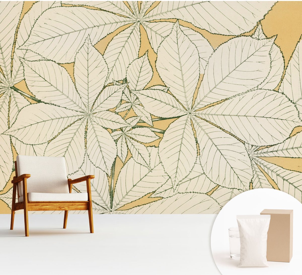 Wallfluent Fotobehang - Beige Vliesbehang - 312x219 cm - Kastanjebladeren Muurschildering - Slaapkamer behang Bloemen En Planten - Fotobehang Vlies - Slaapkamer behang