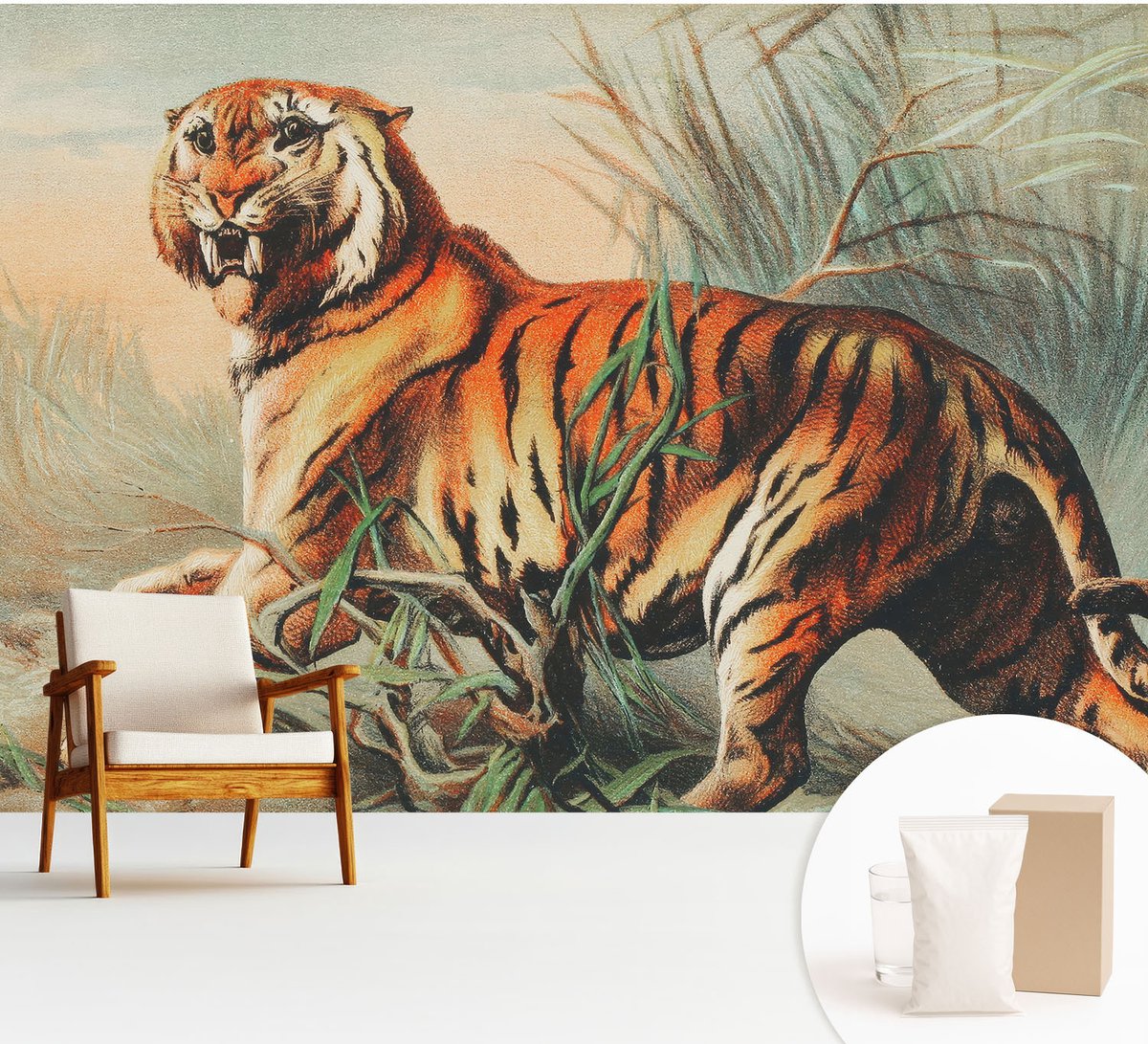Wallfluent Fotobehang - Oranje Vliesbehang - 312x219 cm - Tijger Natuur Muurschildering - Slaapkamer behang Dieren - Fotobehang Vlies - Gang behang
