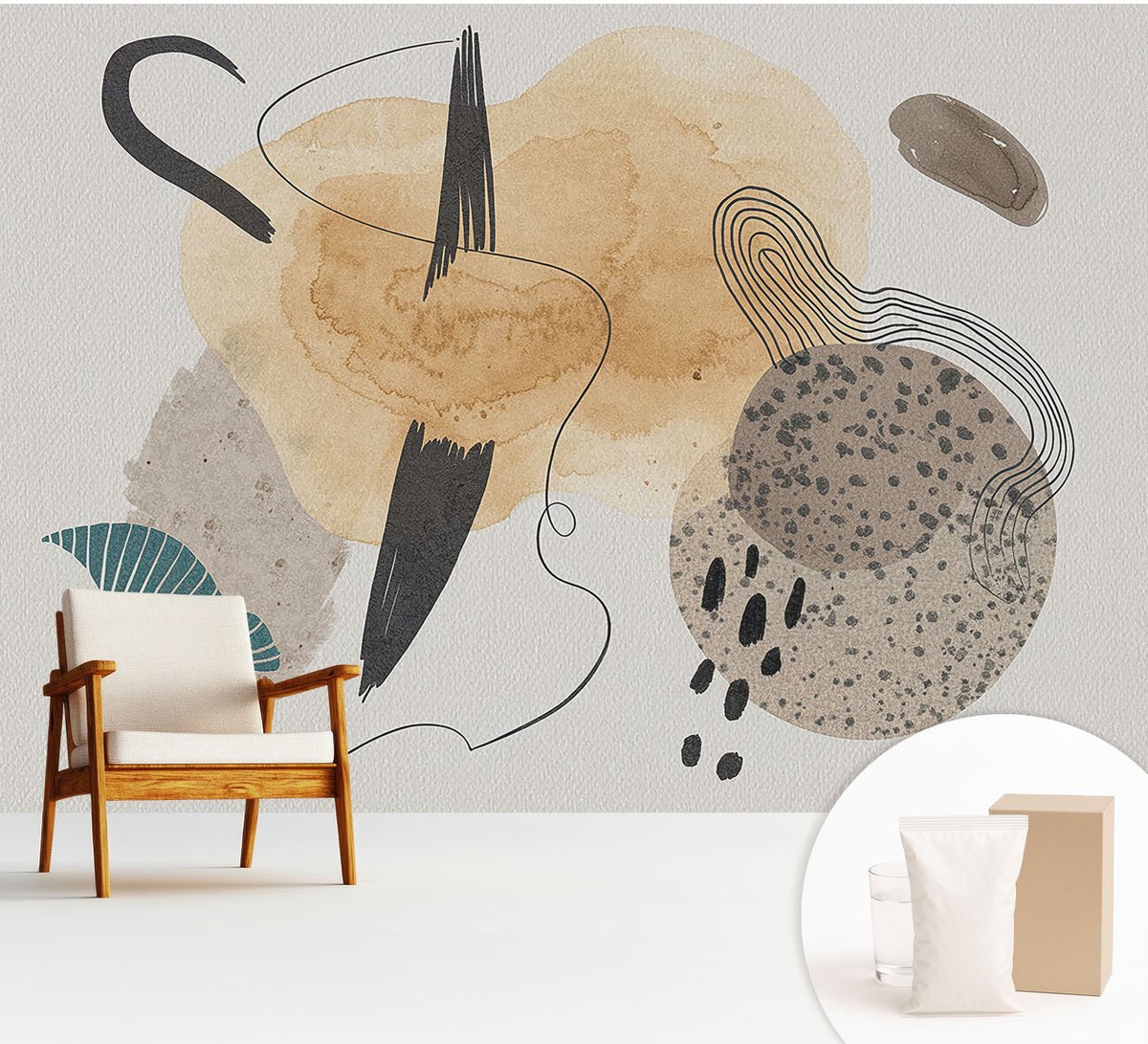 Wallfluent Fotobehang - Beige Vliesbehang - 312x219 cm - Abstracte Compositie Muurschildering - Slaapkamer behang Abstractie - Fotobehang Vlies - Gang behang