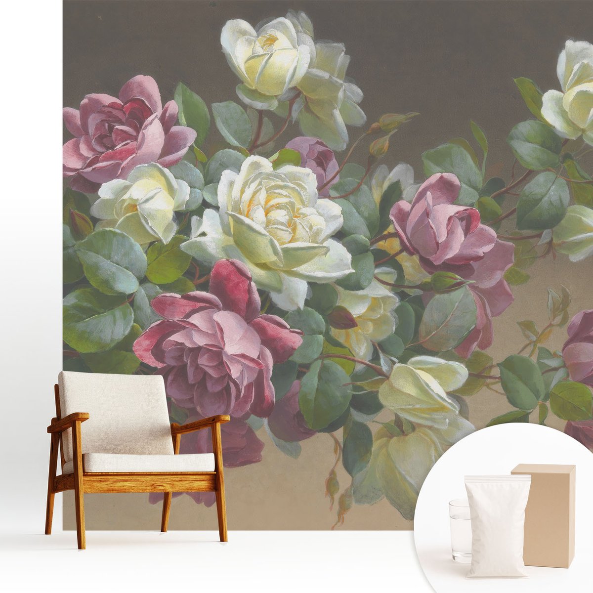 Wallfluent Fotobehang - Wit Vliesbehang - 250x250 cm - Bloemige Elegantie Muurschildering - Gang behang Bloemen En Planten - Fotobehang Vlies - Slaapkamer behang