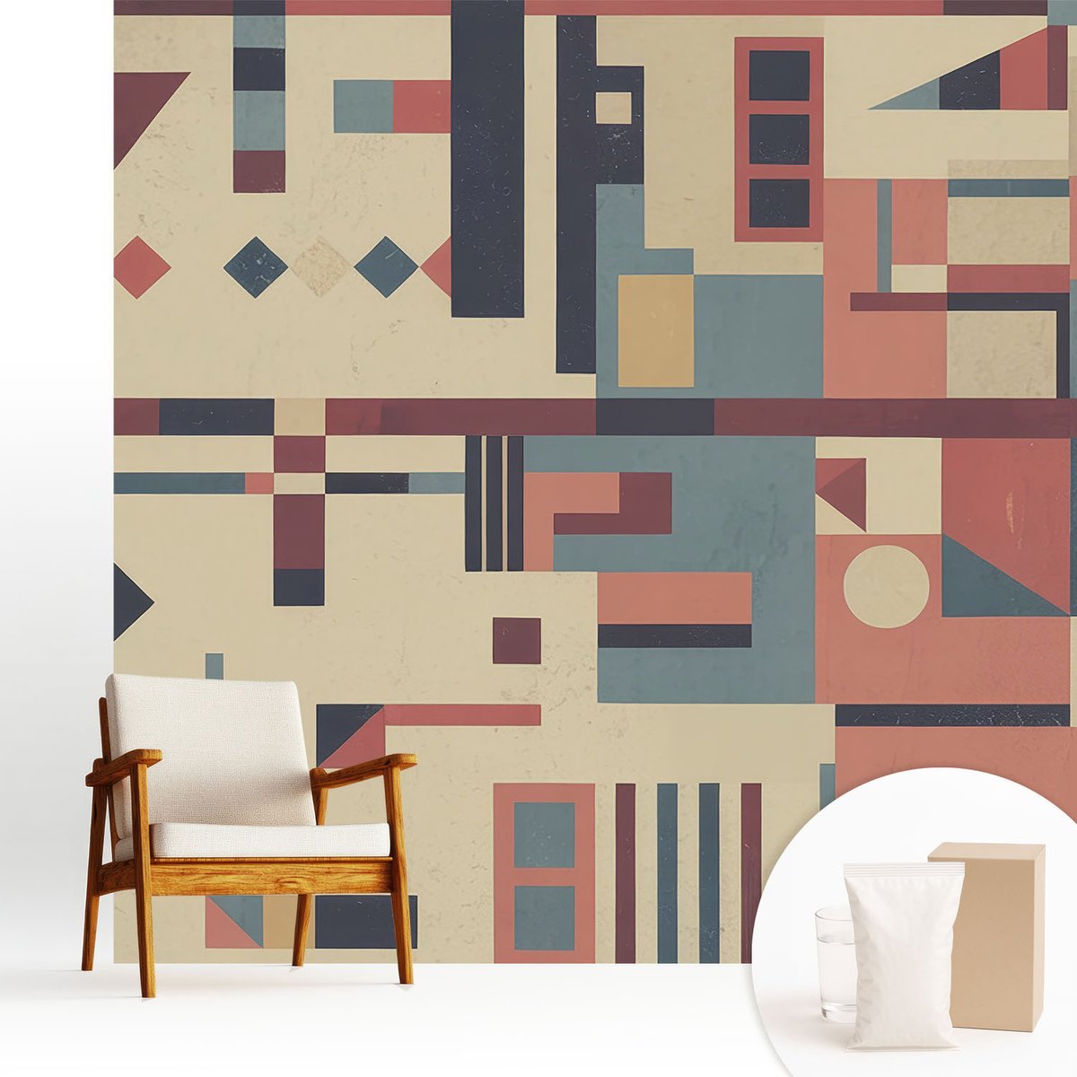 Wallfluent Fotobehang - Beige Vliesbehang - 250x250 cm - Abstracte Compositie Fotobehang Vlies - Hal behang Geometrie - Muurschildering - Woonkamer behang