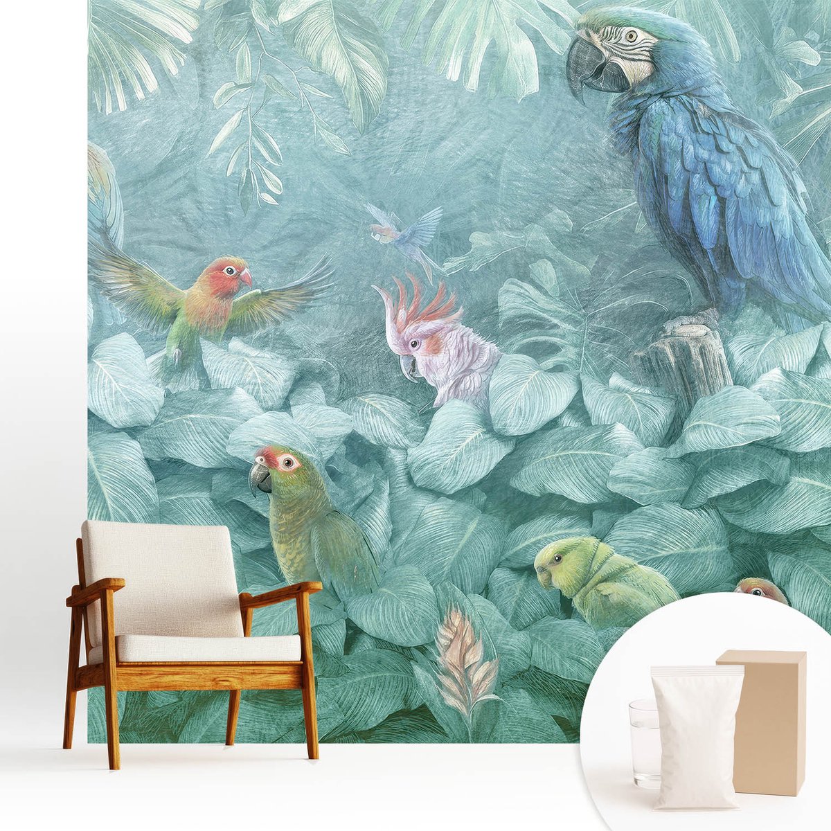Wallfluent Fotobehang - Groente Vliesbehang - 250x250 cm - Exotische Vogels Muurschildering - Gang behang Dieren - Fotobehang Vlies - Gang behang