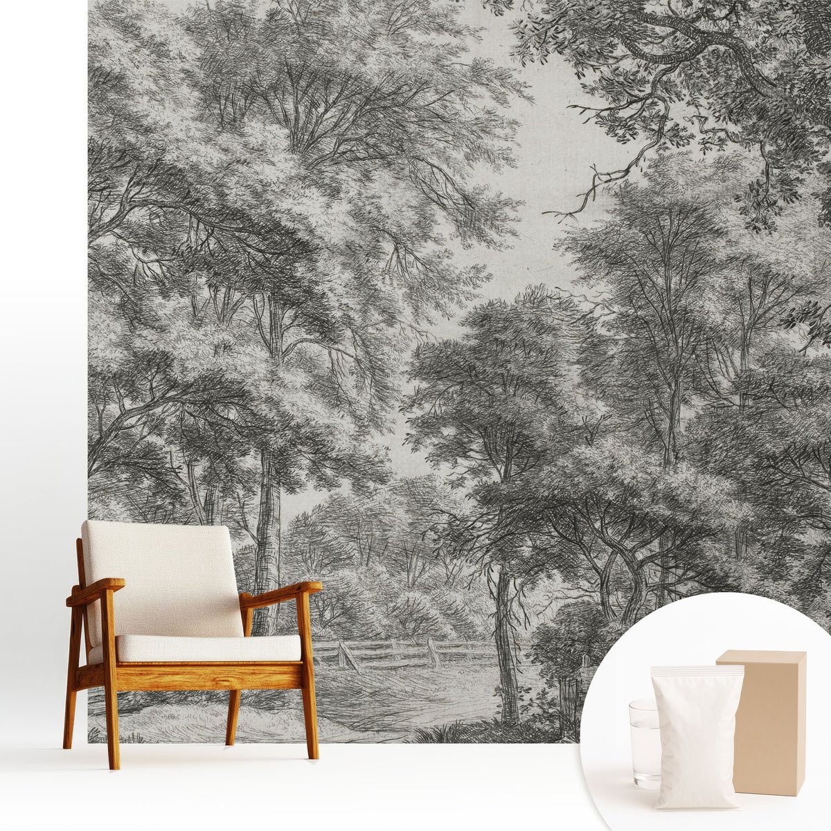 Wallfluent Fotobehang - Zwart-Wit Vliesbehang - 250x250 cm - Boslandschap Fotobehang Vlies - Hal behang Landschappen - Muurschildering - Hal behang