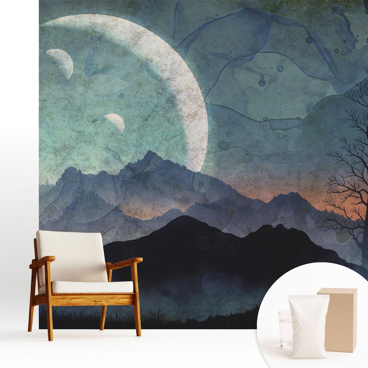 Wallfluent Fotobehang - Blauw Vliesbehang - 250x250 cm - Nachtlandschap Fotobehang Vlies - Hal behang Landschappen - Muurschildering - Hal behang