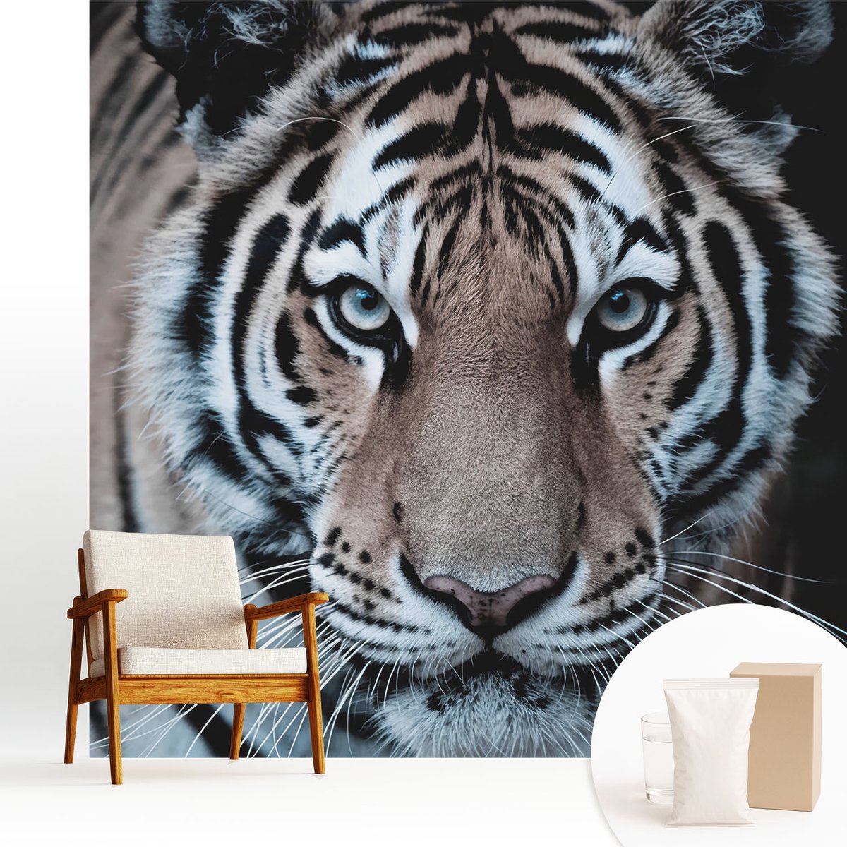 Wallfluent Fotobehang - Zwart Vliesbehang - 250x250 cm - Tijgerportret Fotobehang Vlies - Hal behang Dieren - Muurschildering - Woonkamer behang