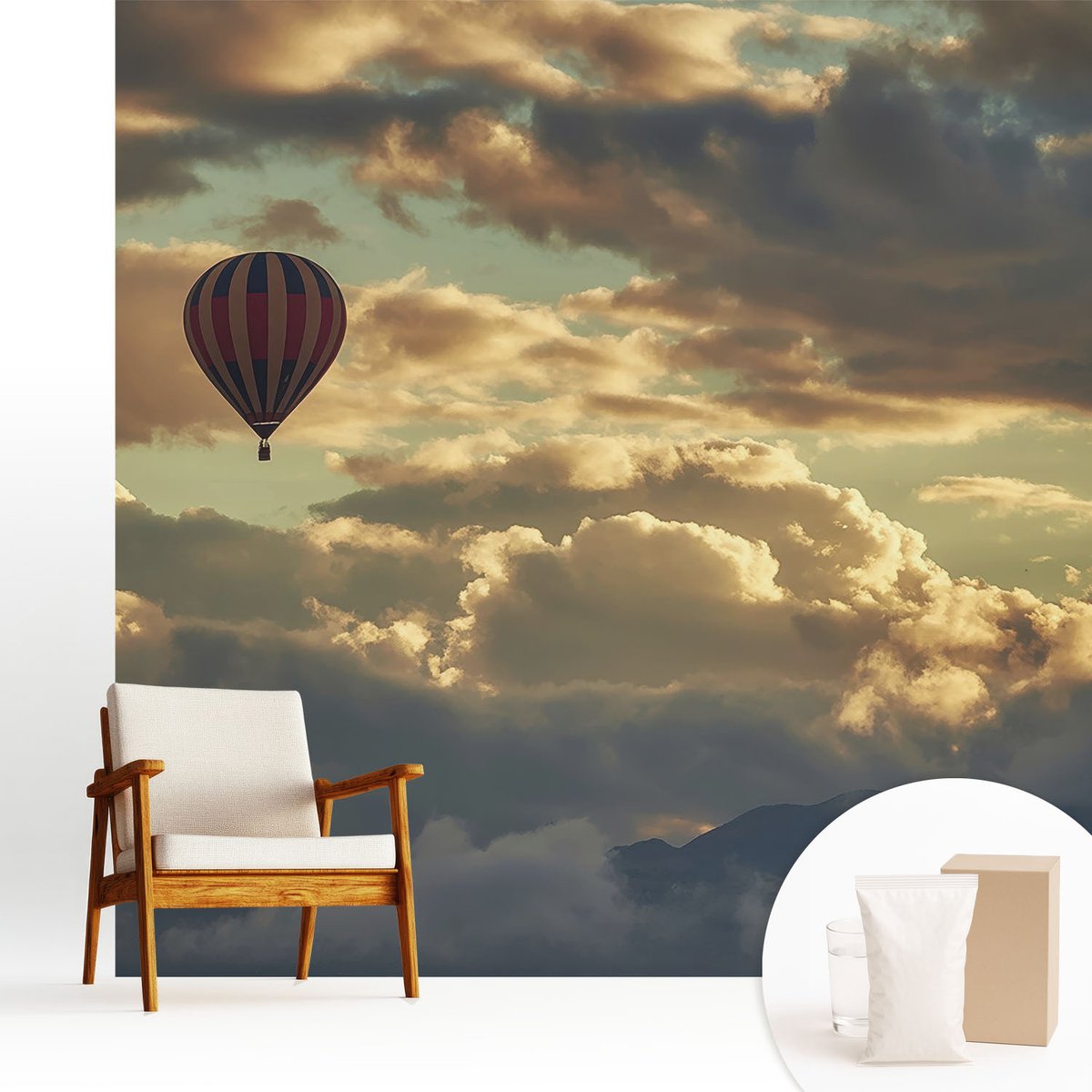 Wallfluent Fotobehang - Grijs Vliesbehang - 250x250 cm - Ballon In De Wolken Muurschildering - Gang behang Landschappen - Fotobehang Vlies - Gang behang