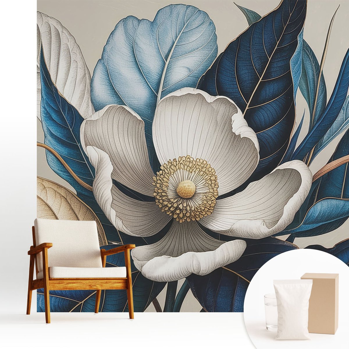 Wallfluent Fotobehang - Wit Vliesbehang - 250x250 cm - Elegante Flora Muurschildering - Slaapkamer behang Bloemen En Planten - Fotobehang Vlies - Slaapkamer behang