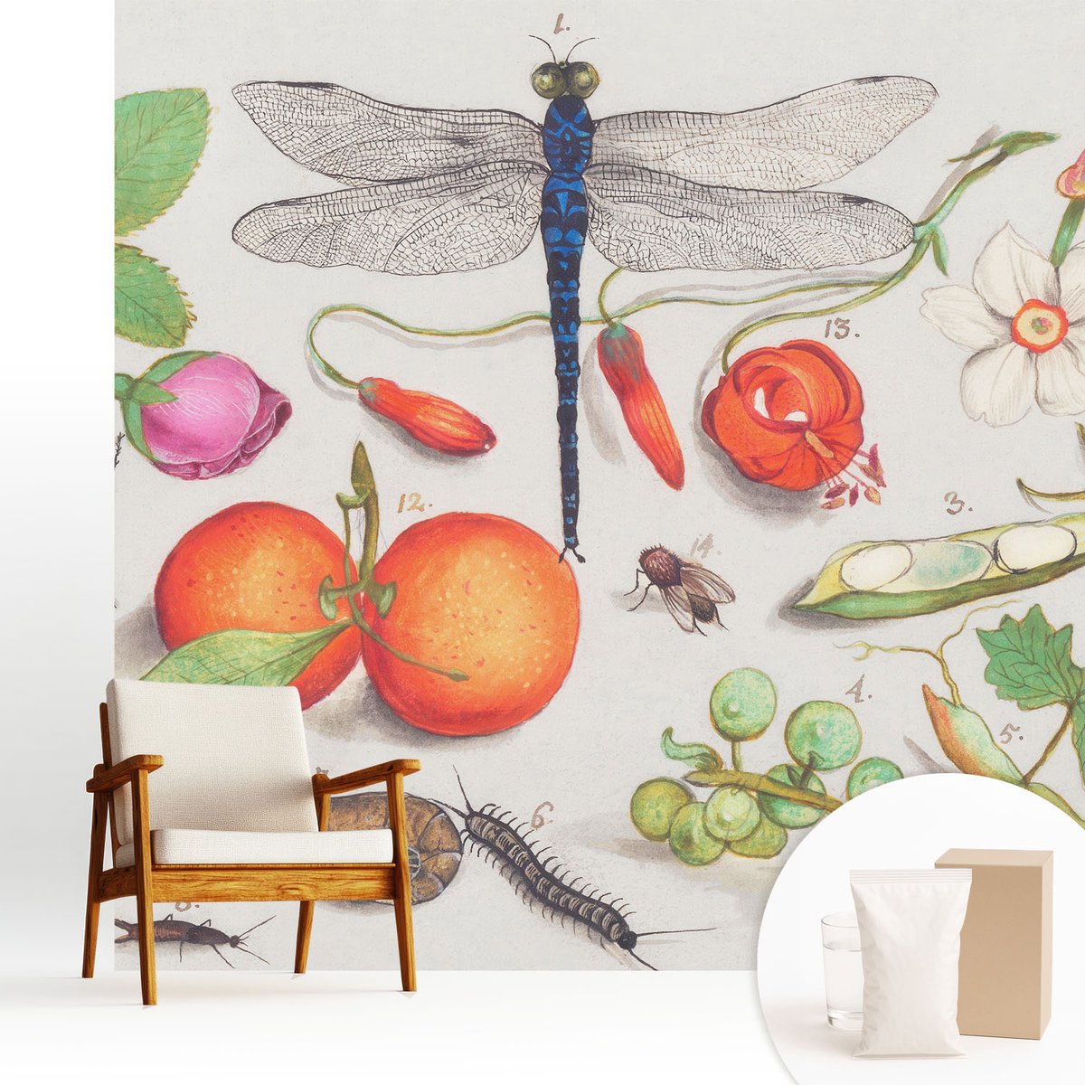 Wallfluent Fotobehang - Wit Vliesbehang - 250x250 cm - Natuurillustratie Muurschildering - Gang behang Bloemen En Planten - Fotobehang Vlies - Slaapkamer behang
