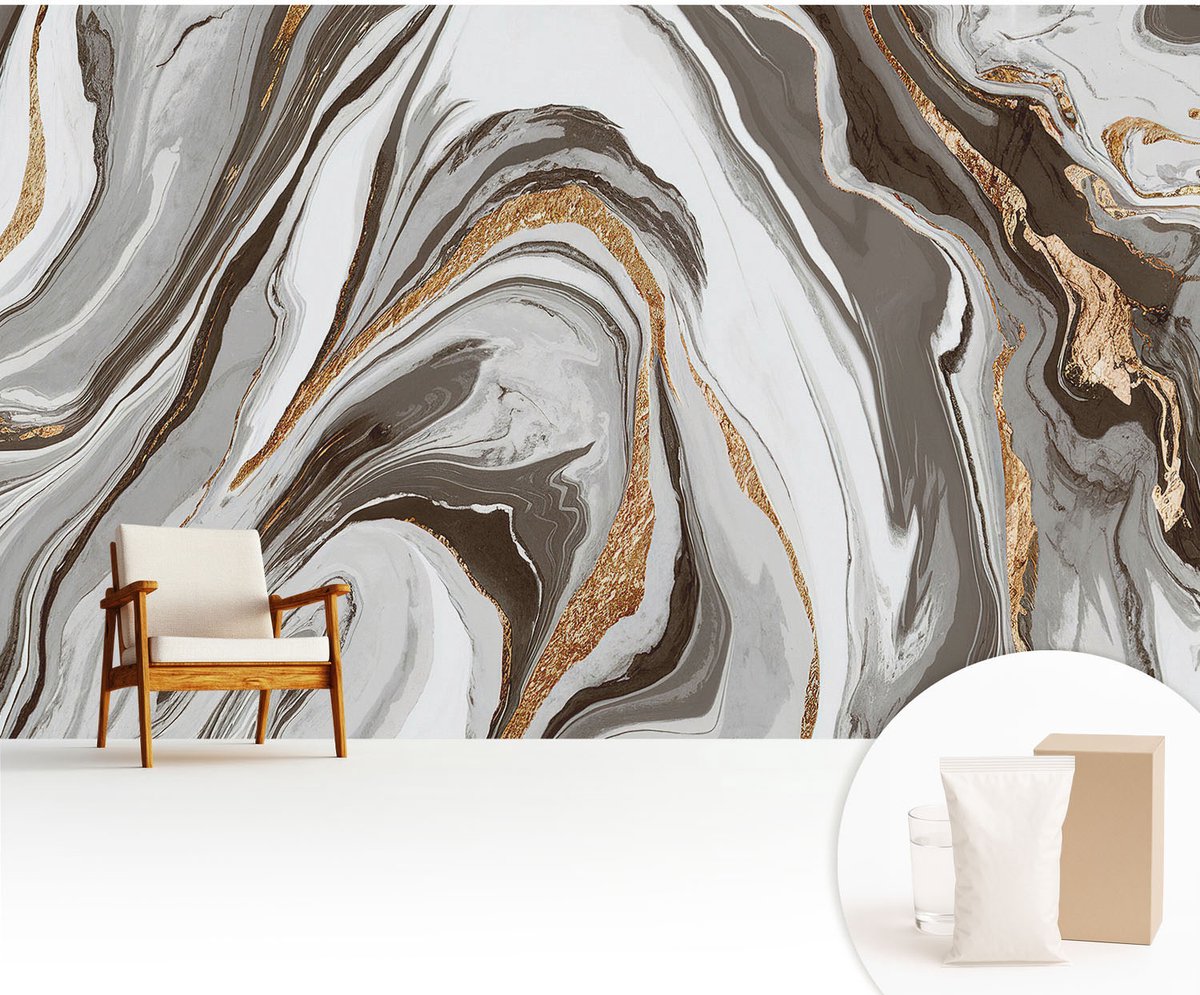 Wallfluent Fotobehang - Grijs Vliesbehang - 416x254 cm - Marmeren Wervelingen Fotobehang Vlies - Hal behang Texturen - Muurschildering - Woonkamer behang