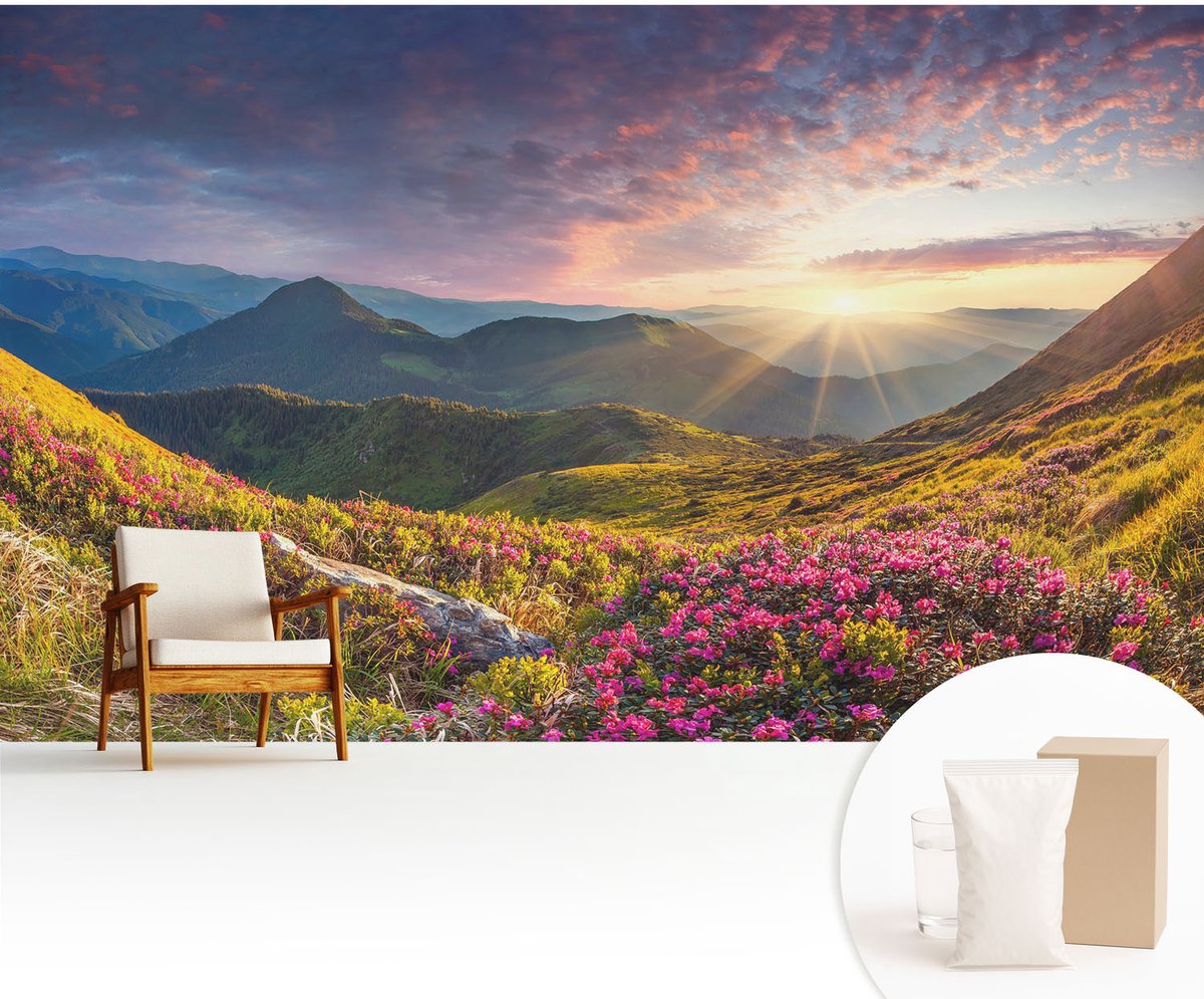 Wallfluent Fotobehang - Groente Vliesbehang - 416x254 cm - Bergpanorama Muurschildering - Gang behang Landschappen - Fotobehang Vlies - Gang behang