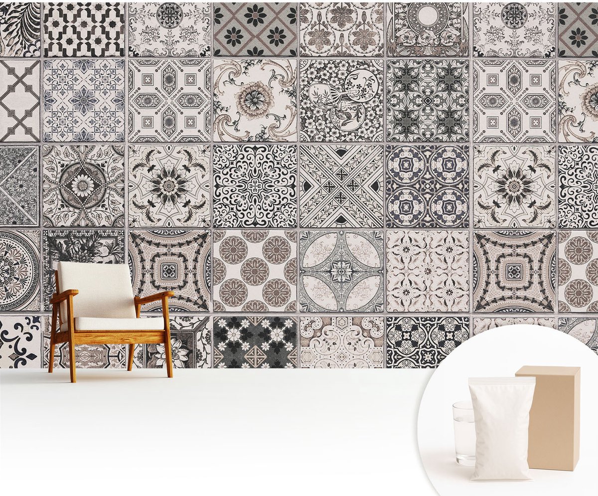 Wallfluent Fotobehang - Grijs Vliesbehang - 416x254 cm - Tegelpatronen Fotobehang Vlies - Hal behang Texturen - Muurschildering - Hal behang
