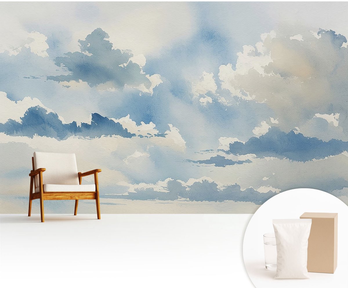 Wallfluent Fotobehang - Blauw Vliesbehang - 416x254 cm - Hemelse Wolken Fotobehang Vlies - Hal behang Landschappen - Muurschildering - Woonkamer behang