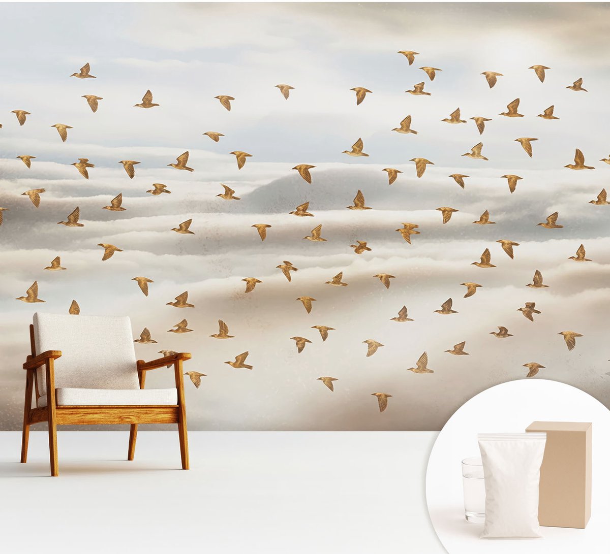 Wallfluent Fotobehang - Beige Vliesbehang - 312x219 cm - Vogels In Vlucht Muurschildering - Slaapkamer behang Dieren - Fotobehang Vlies - Slaapkamer behang